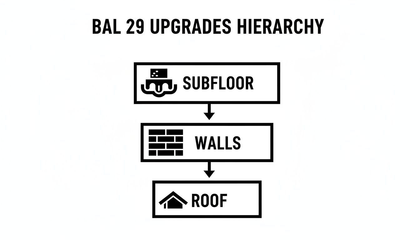 Flowchart illustrating the BAL 29 upgrades hierarchy, showing Subfloor, Walls, and Roof in sequential order.