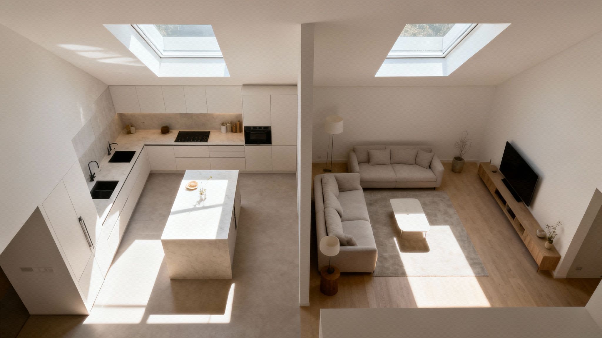 An overhead view of a bright, modern open-plan kitchen and living room with large skylights.