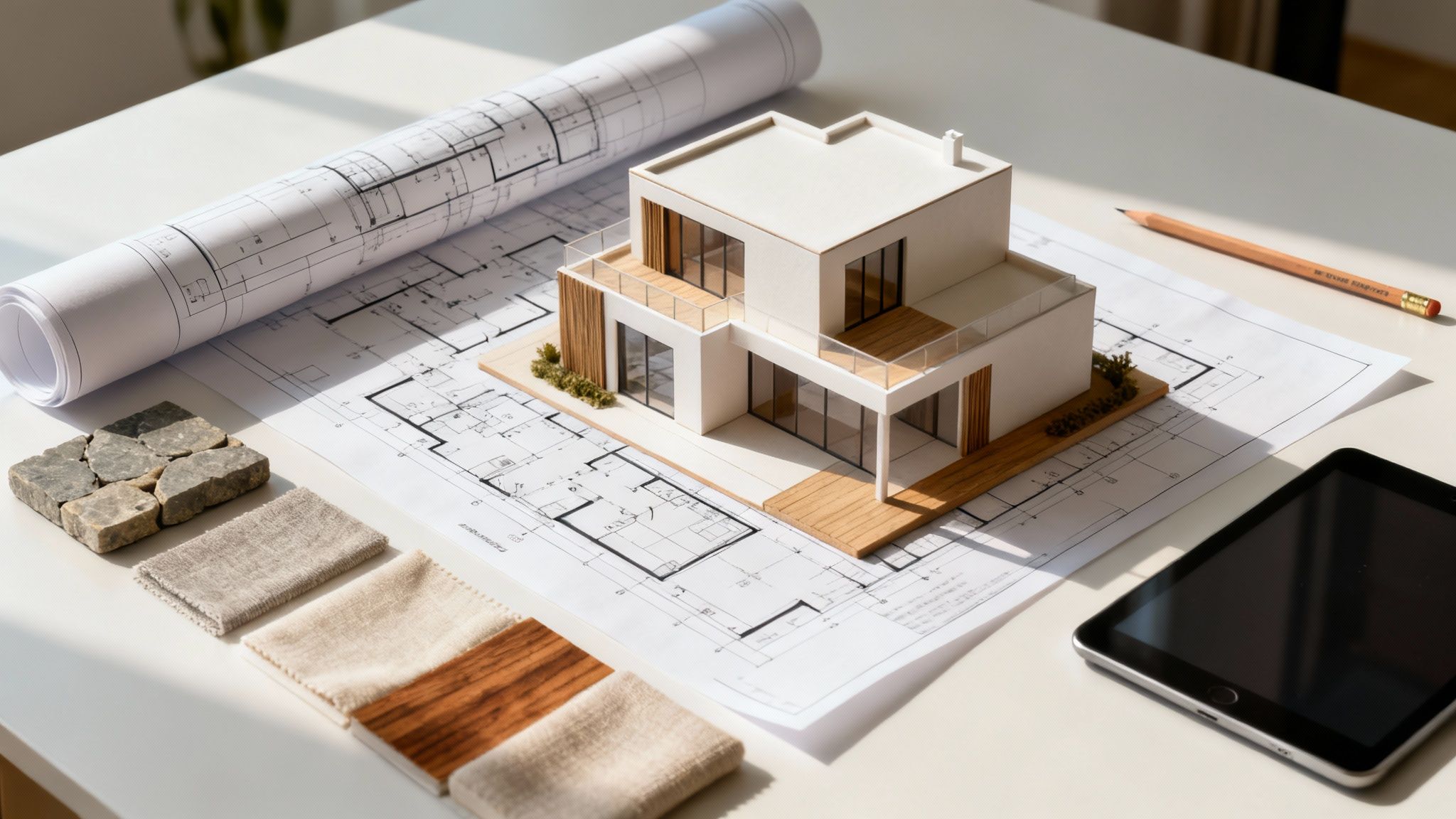 Architect's desk with a modern house model, blueprints, material samples, and a tablet.