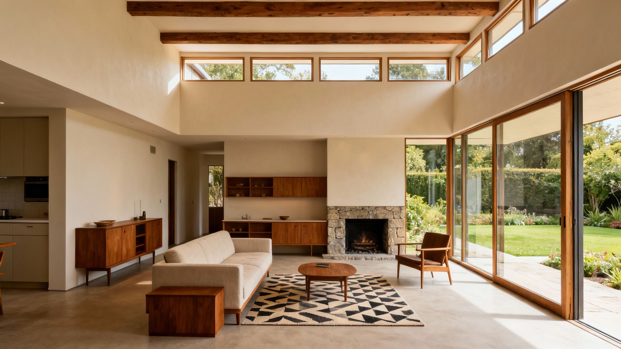 A bright, open-plan mid-century modern living room with a stone fireplace and garden views.