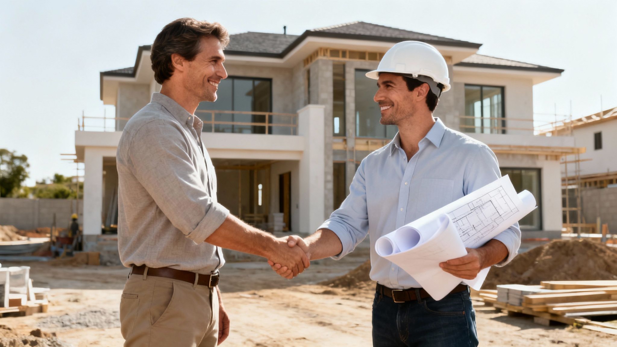 Two smiling men, an architect with blueprints and a client, shake hands at a construction site.