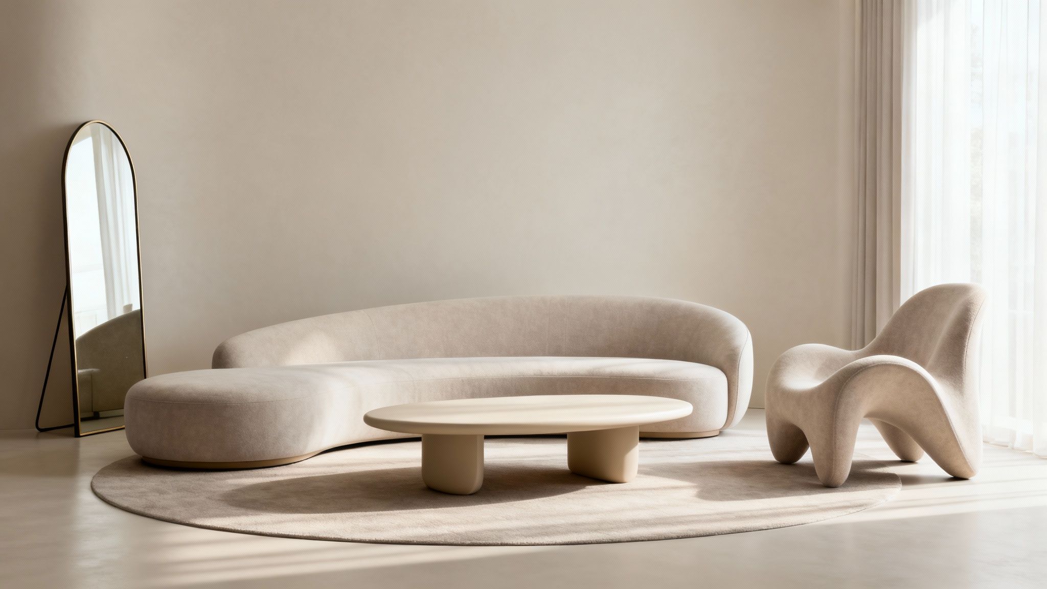 A modern living room featuring a large, curved beige sofa and a round wooden coffee table, embodying the organic furniture trend.