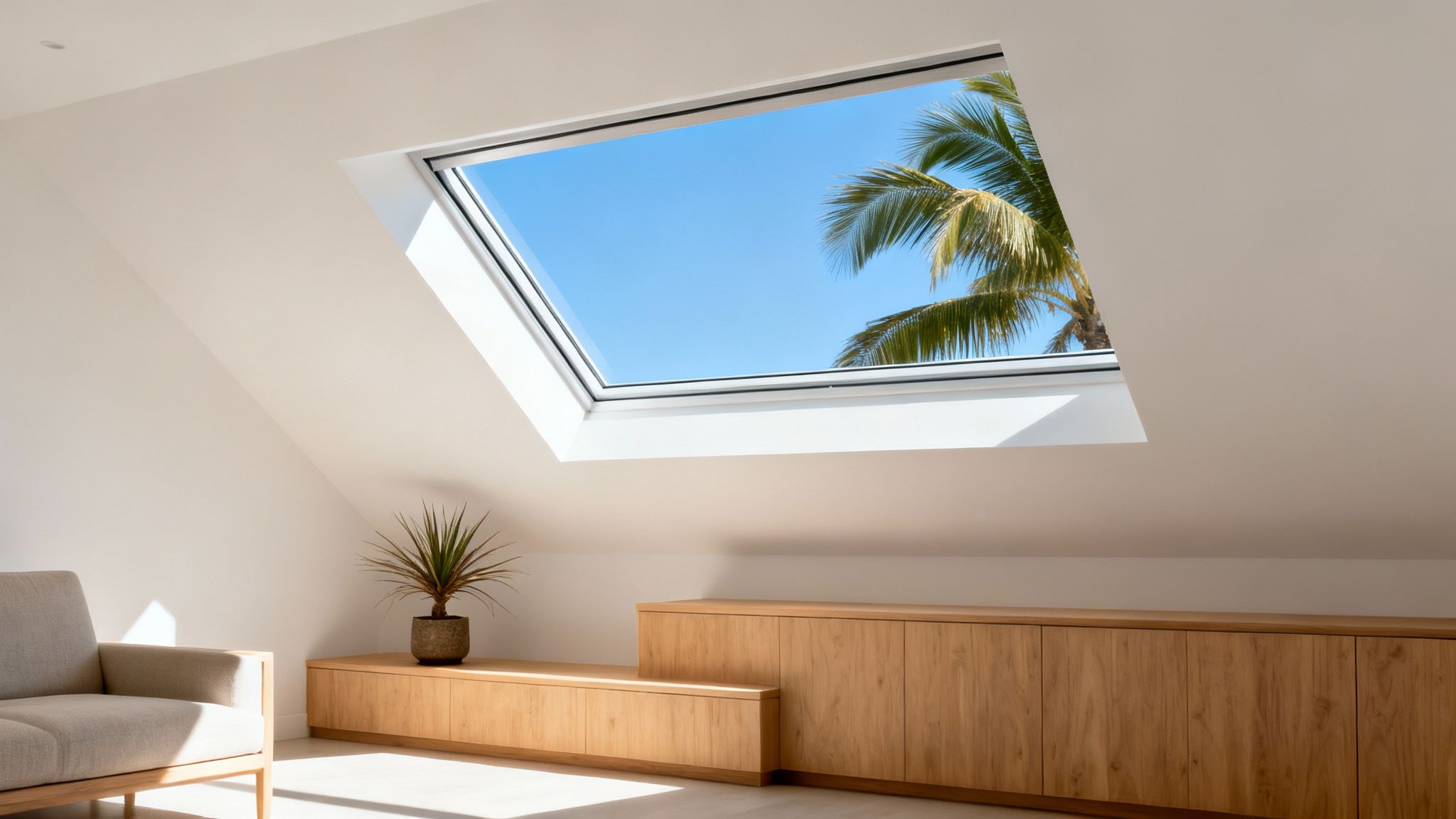 A modern attic room with a skylight revealing a blue sky and palm tree.