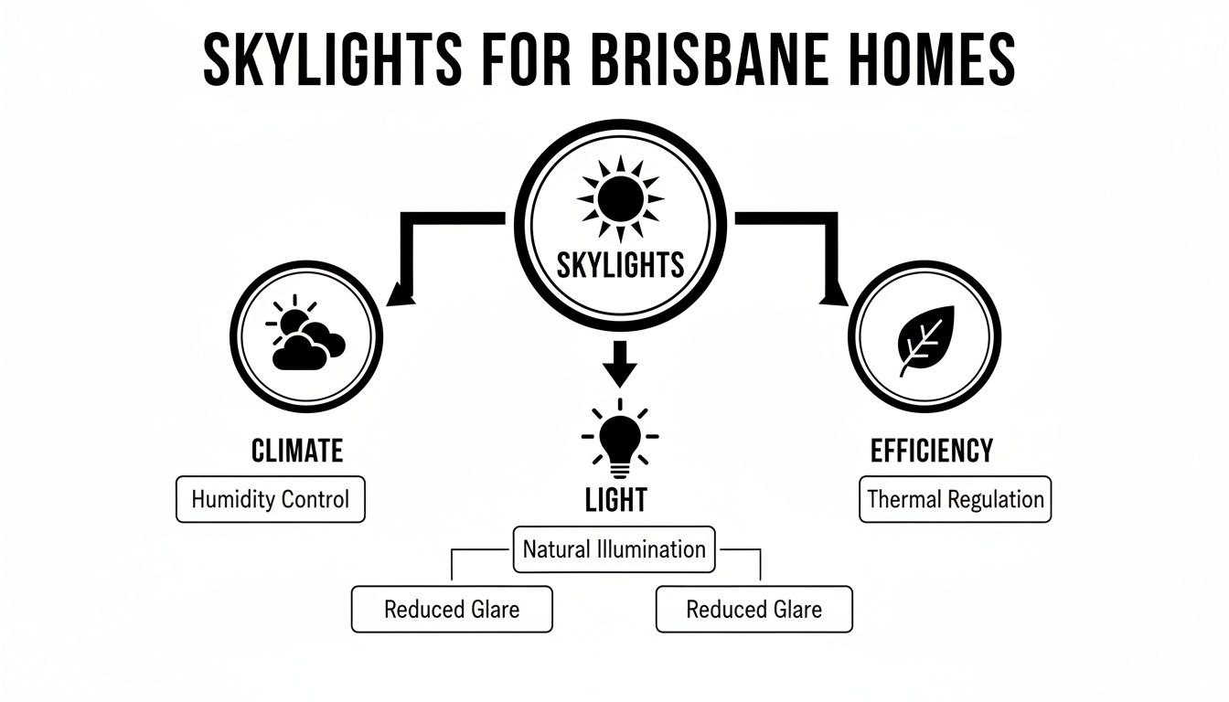 Diagram illustrating the benefits of skylights for Brisbane homes, focusing on climate, efficiency, and light.