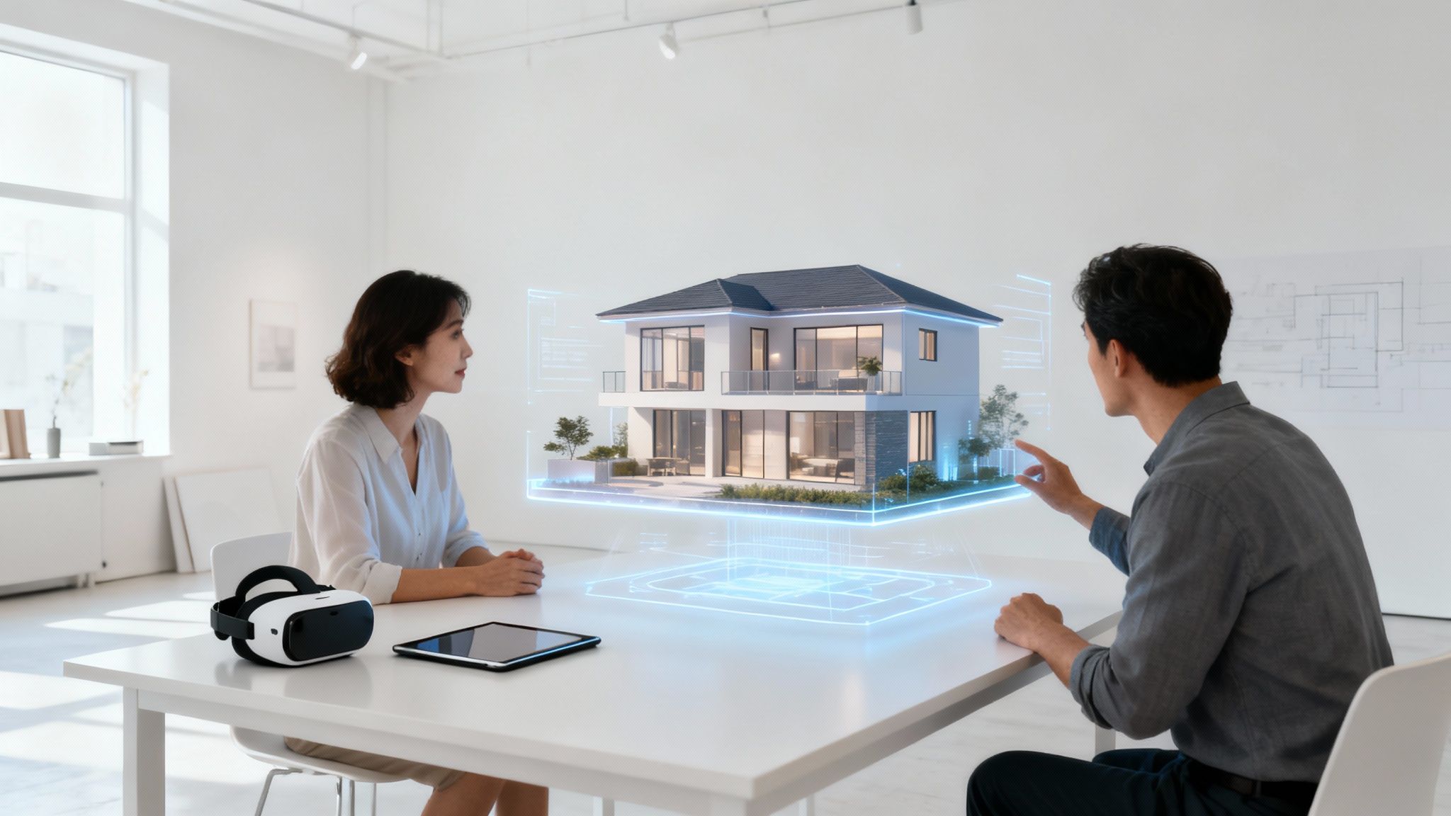 A CGI rendering of a luxury home's interior, showing a person experiencing it through a virtual home tour