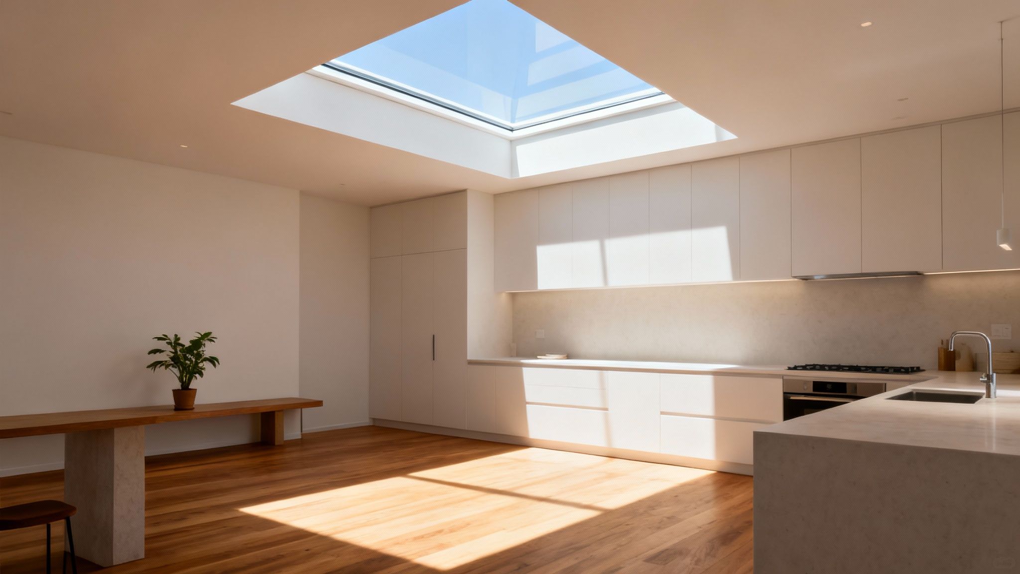 A bright modern kitchen and living space featuring a large skylight and light wood floors.