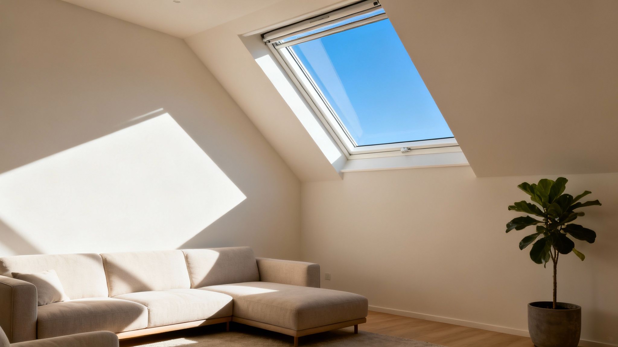 Bright attic living room featuring a skylight, beige sofa, and a green plant, bathed in sunlight.