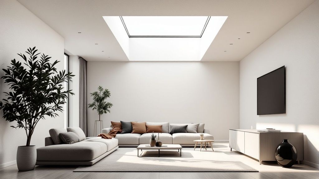A modern living room with a large skylight window illuminating the space with natural light.