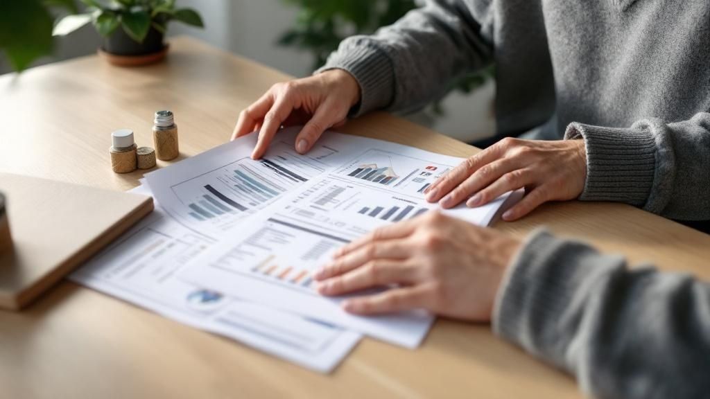 Person reviewing architectural plans and a calculator on a desk
