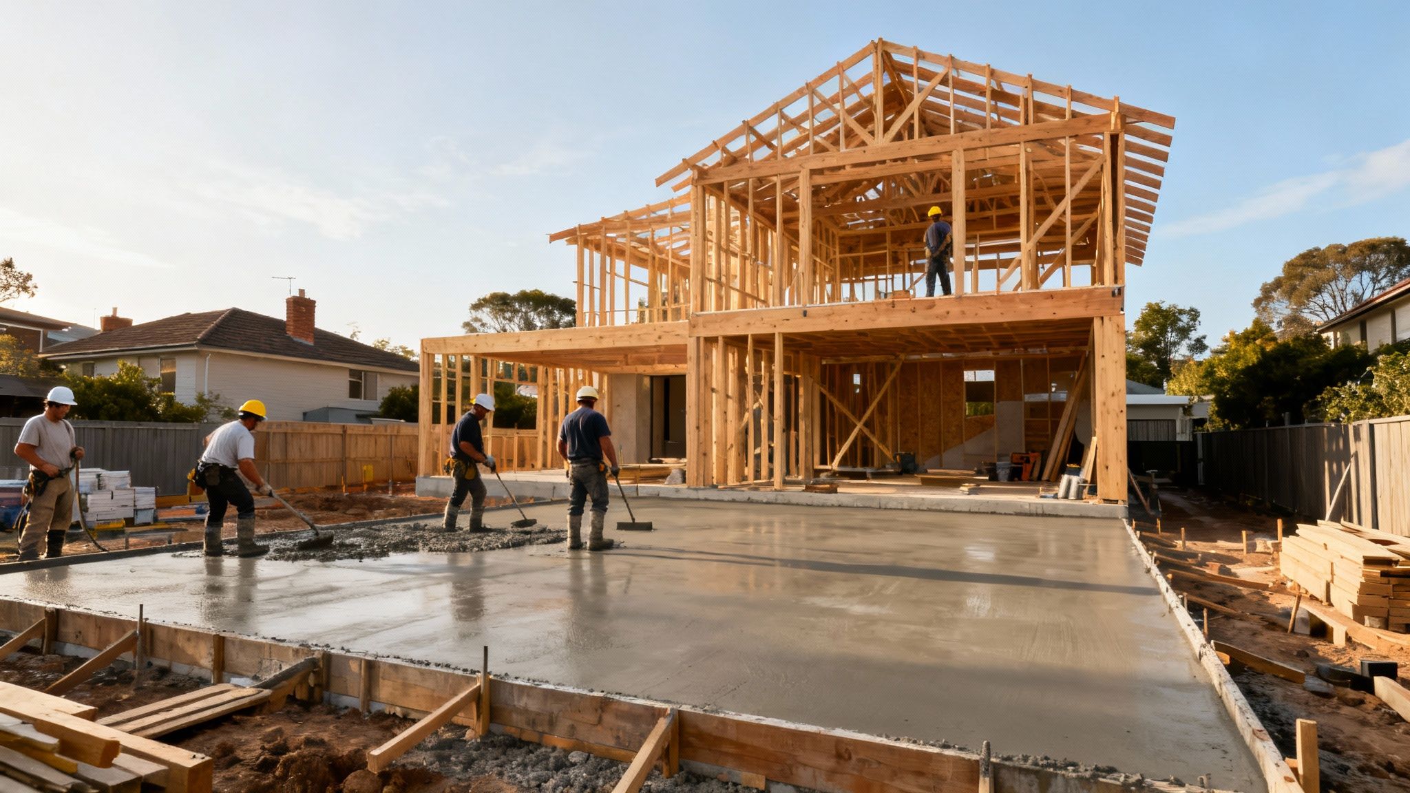 A home under construction, showing the wooden frame being built on a concrete slab.