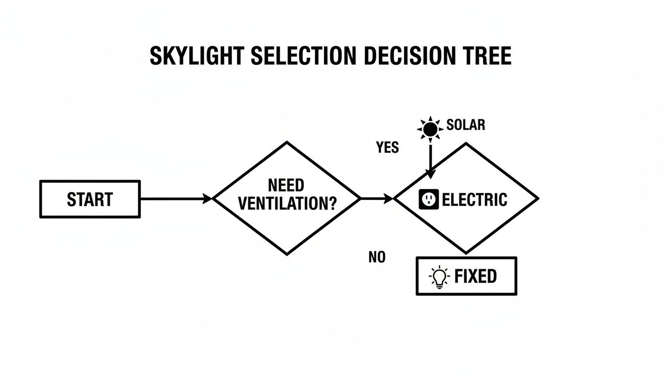 A skylight selection decision tree, guiding choices based on ventilation needs and power source.