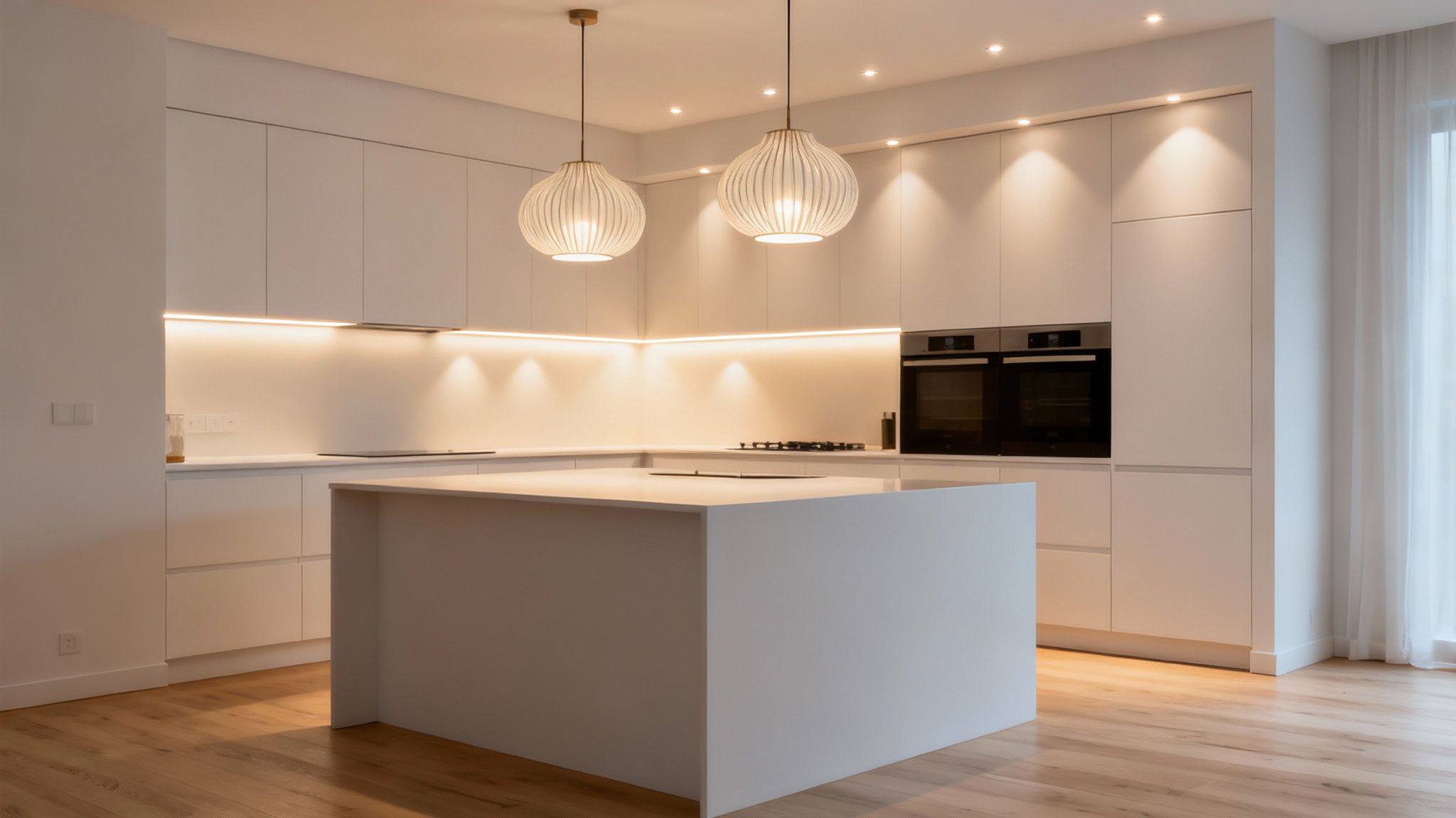 A modern Hamptons style kitchen with prominent pendant lighting over a large island.