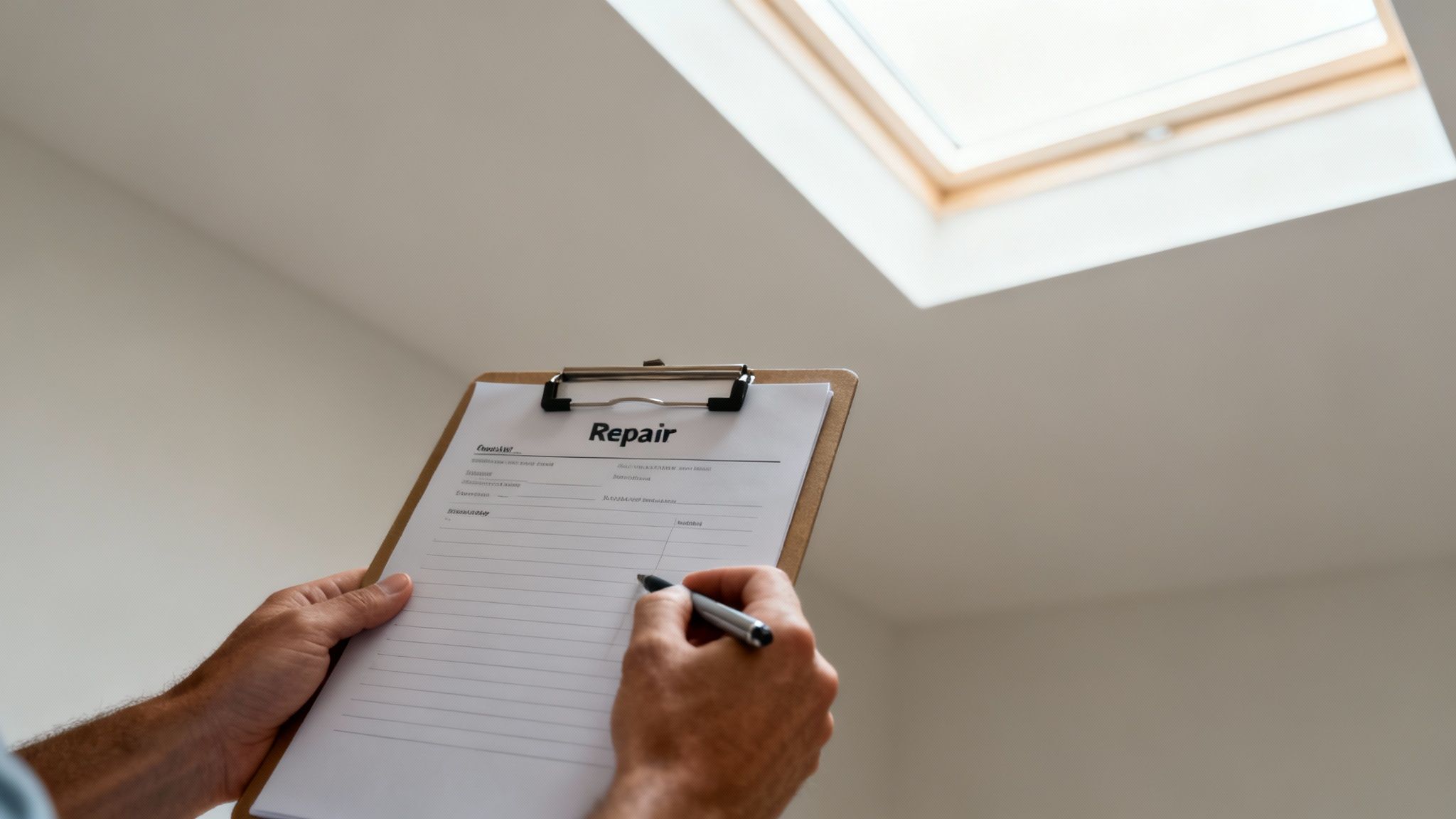 A clear view of a residential roof with a skylight, under a blue sky.