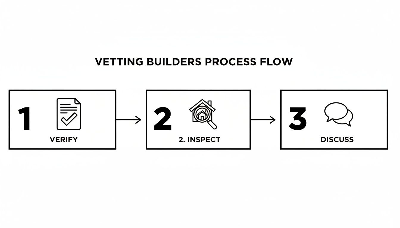 A clear, sequential process flow diagram for vetting builders, detailing steps to verify, inspect, and discuss.