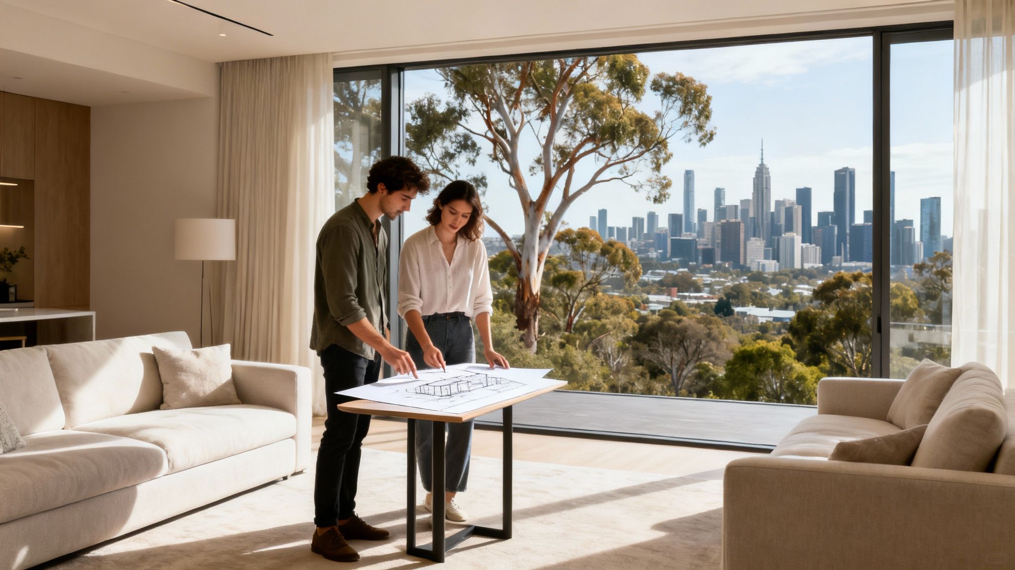 Two architects review blueprints in a luxury modern home with a stunning city skyline view.