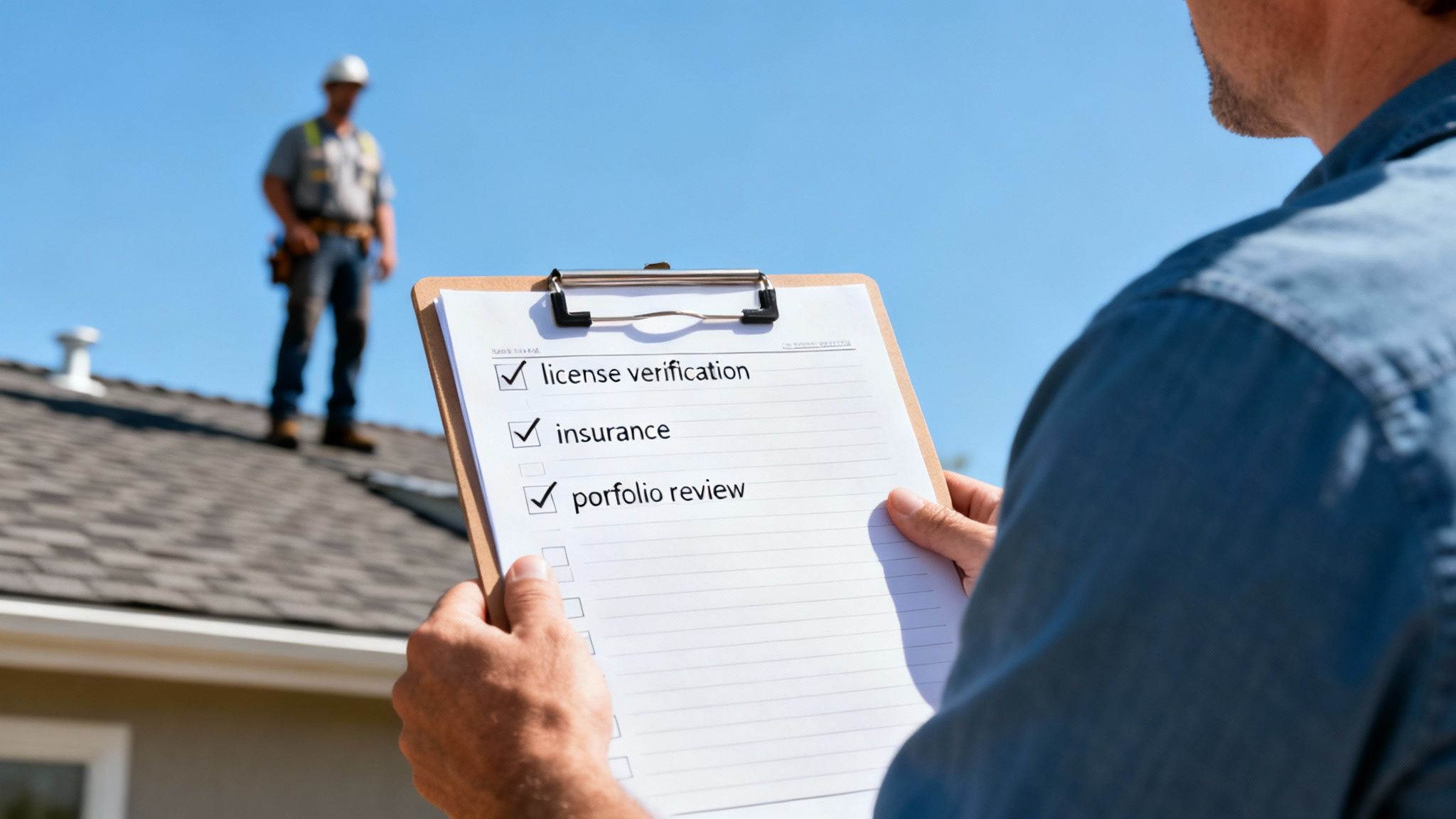 A person reviews a checklist for a roofing contractor, including license, insurance, and portfolio.