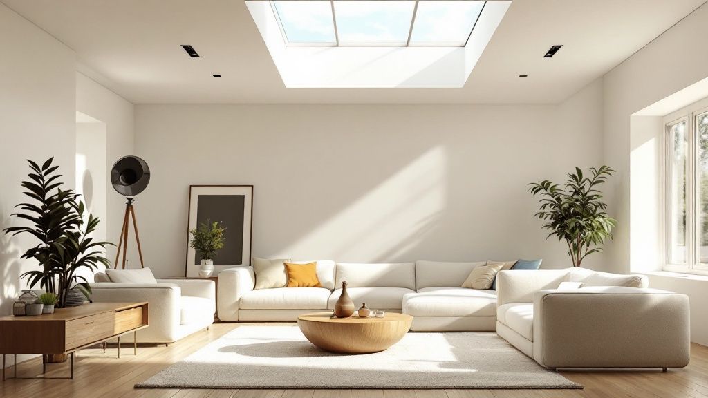 A bright, sunlit living room with comfortable furniture, highlighting the positive atmosphere created by natural light.