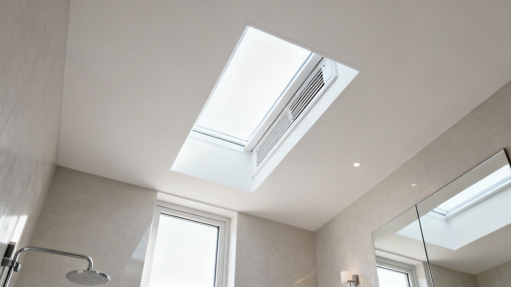 A modern bathroom with a skylight providing natural light and ventilation.