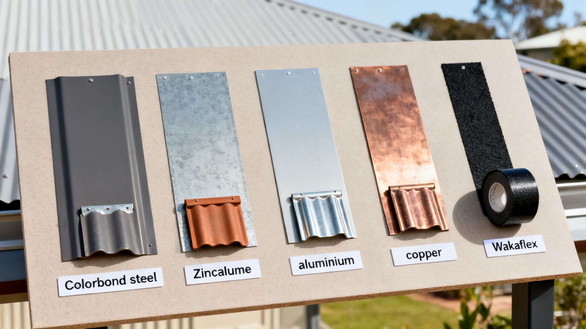 Display board featuring samples of roof flashing materials: Colorbond steel, Zincalume, aluminium, copper, and Wakaflex.
