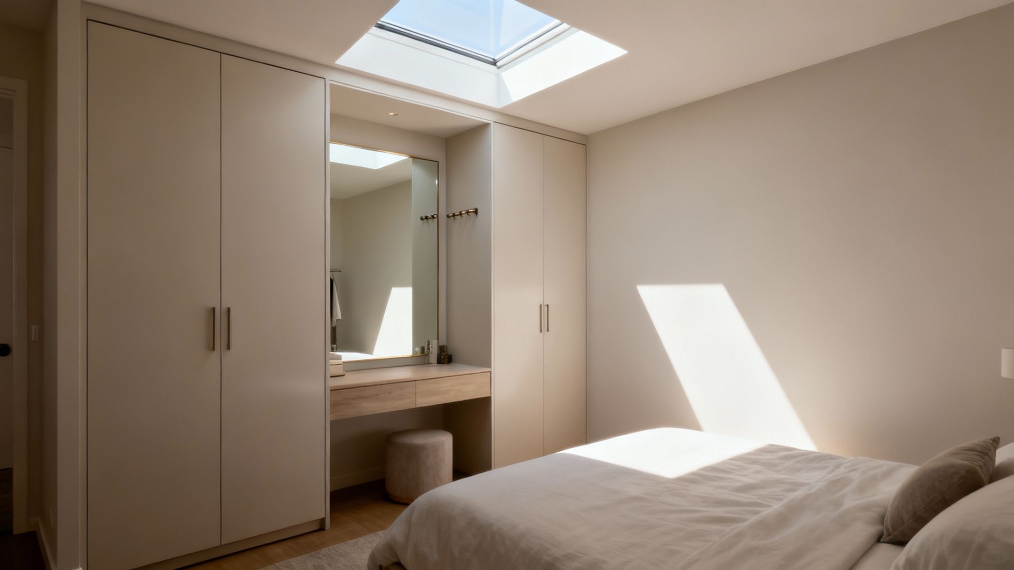 A modern bedroom with two skylights installed in a slanted ceiling, letting in natural light.