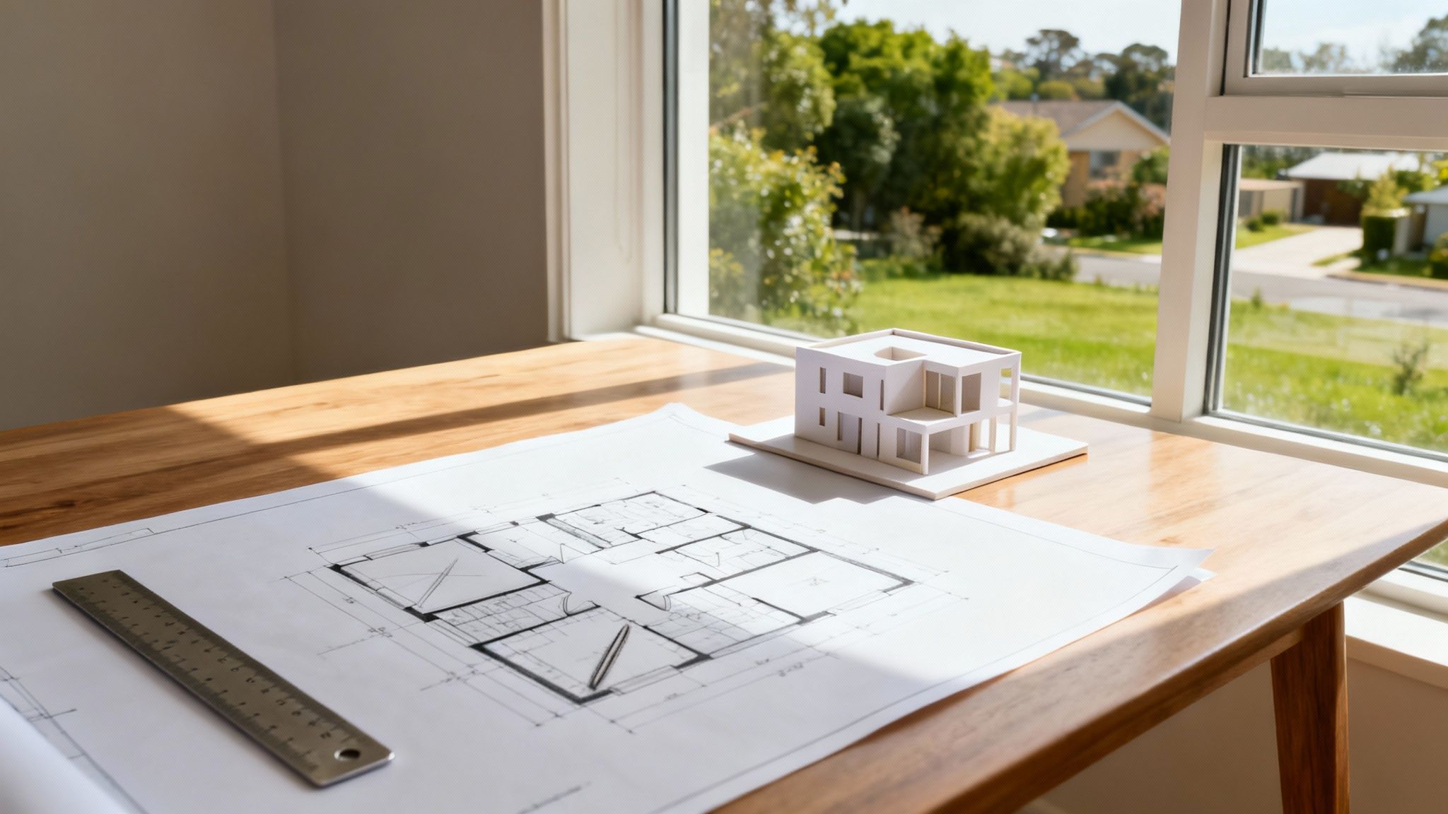 Modern house model and blueprints on a desk, with a view of a suburban neighborhood.
