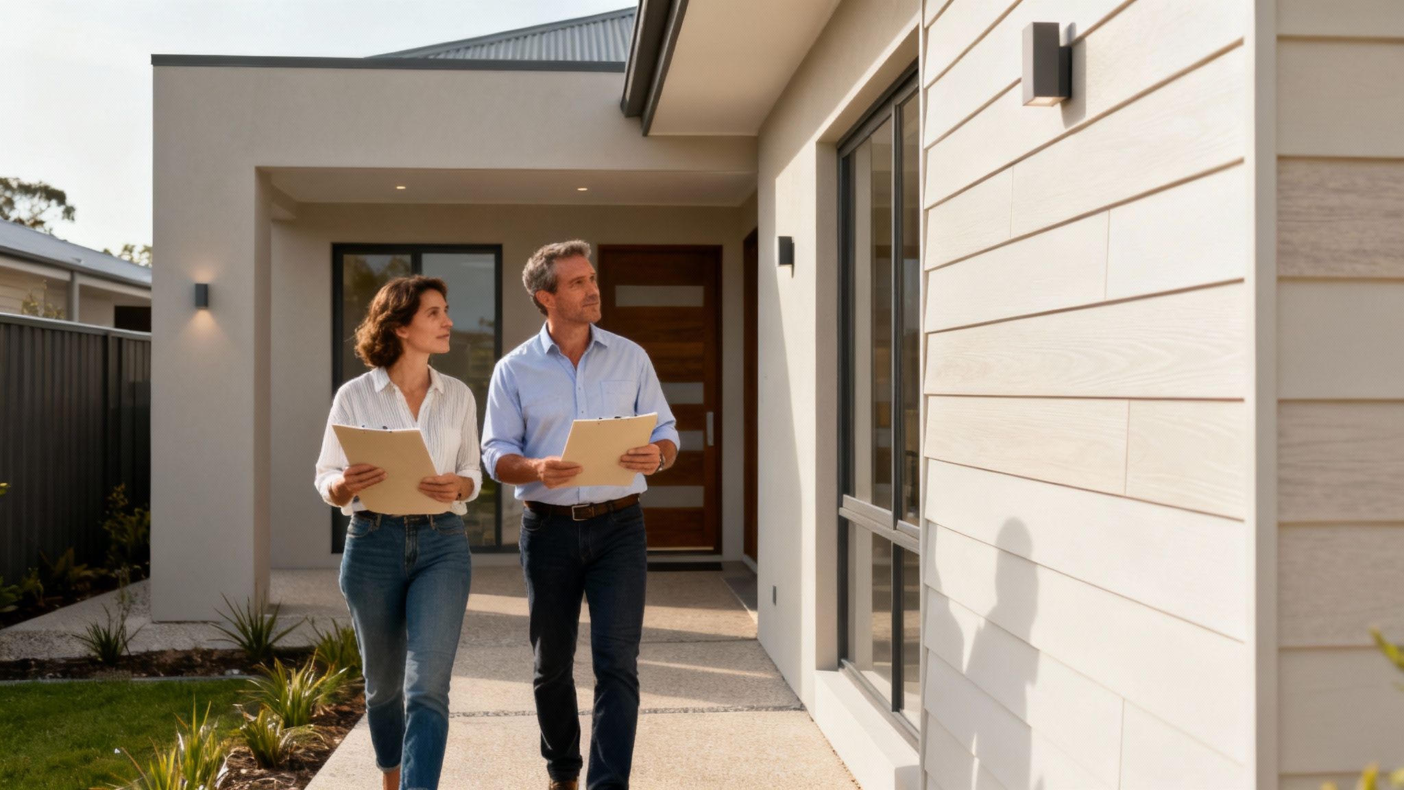 Professional home builders consulting with clipboard inspecting modern residential property exterior in Melbourne