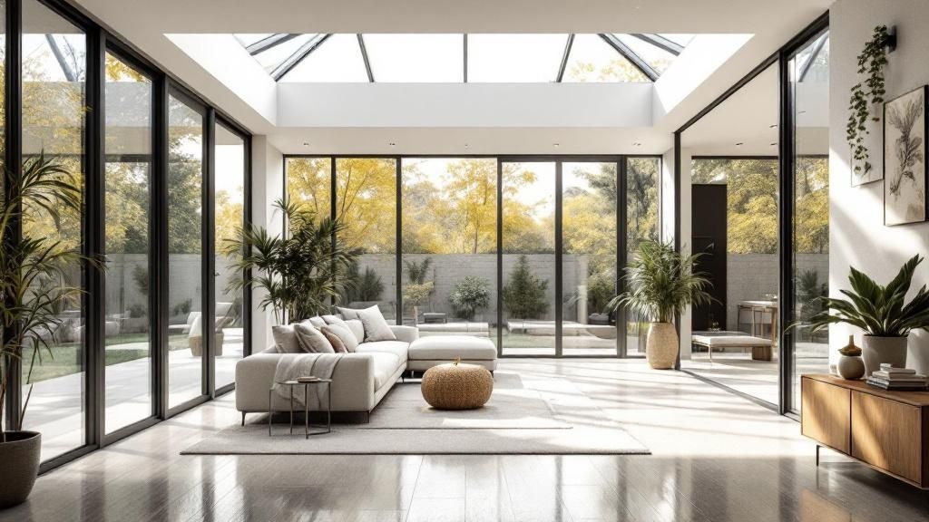 A modern house extension with large bi-fold doors opening to a garden, showcasing excellent natural light and flow.