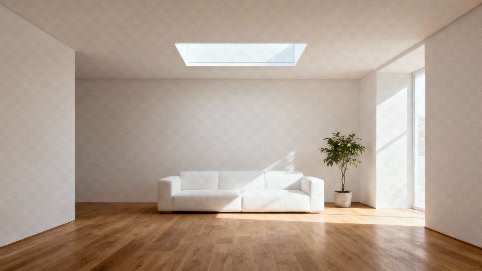 A bright living room with a large skylight installed in a flat white ceiling.