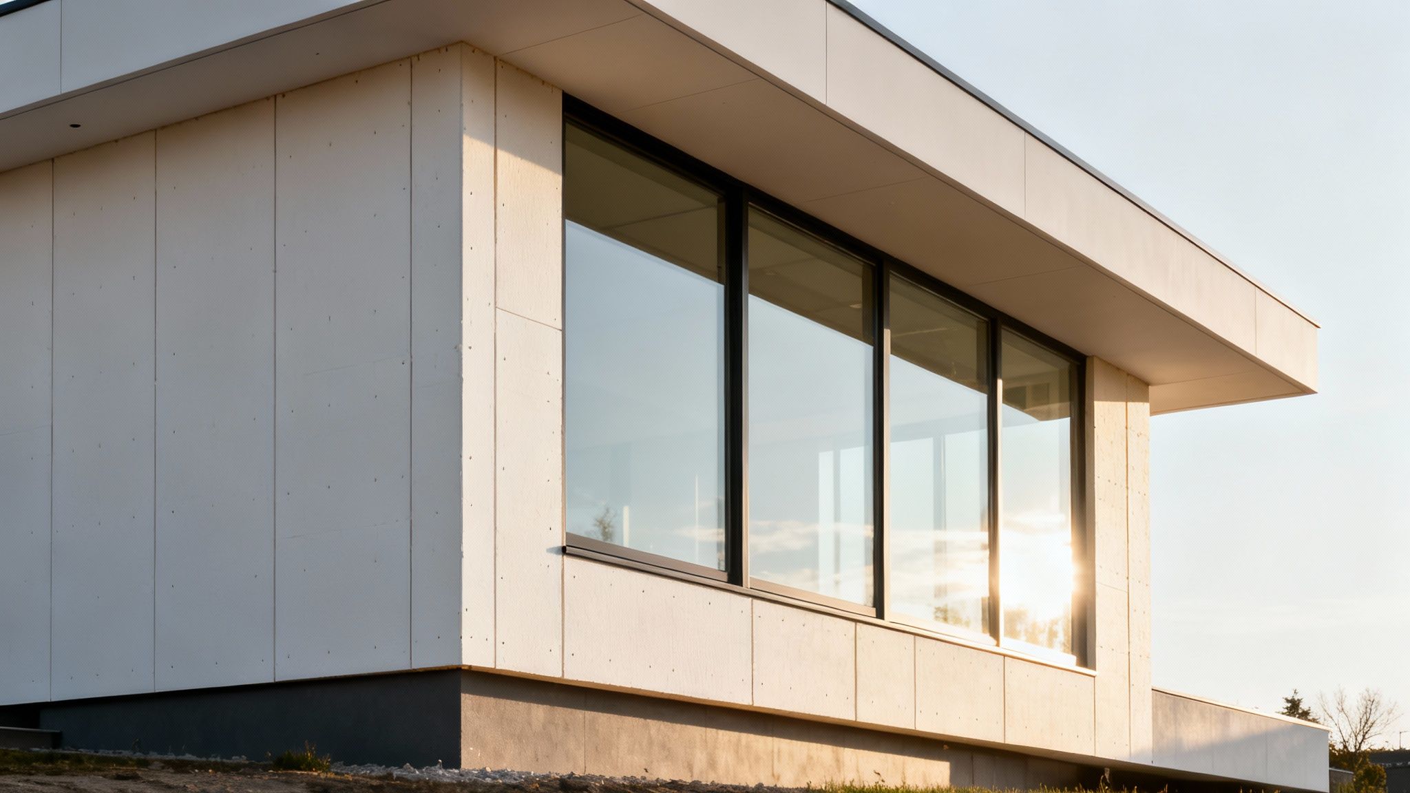 A modern, energy-efficient home with large windows and a clean design, showcasing a superior building envelope