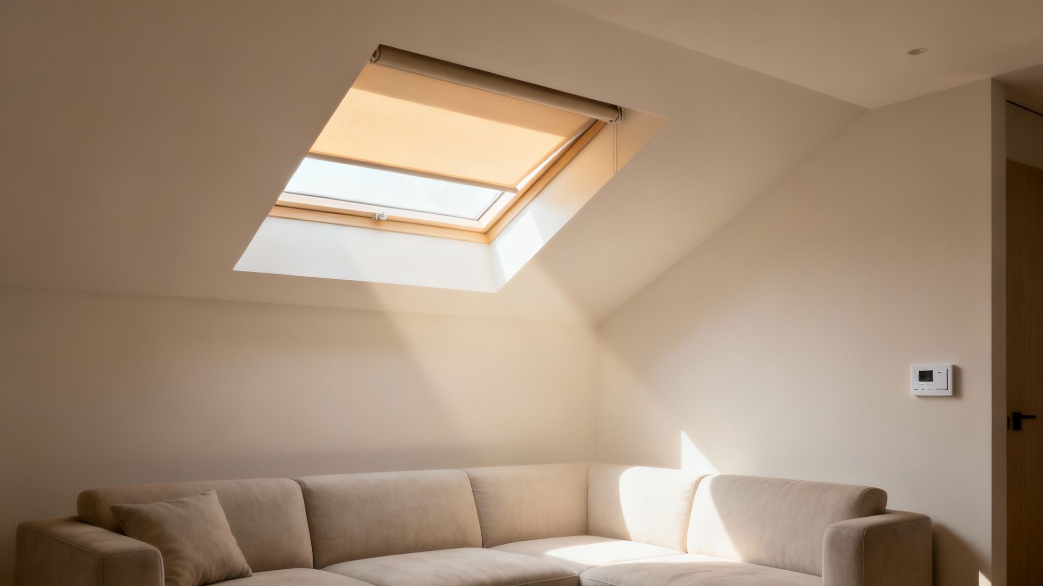 A bright, modern living room with a large skylight covered by a sleek interior blind, allowing soft, diffused light to enter.