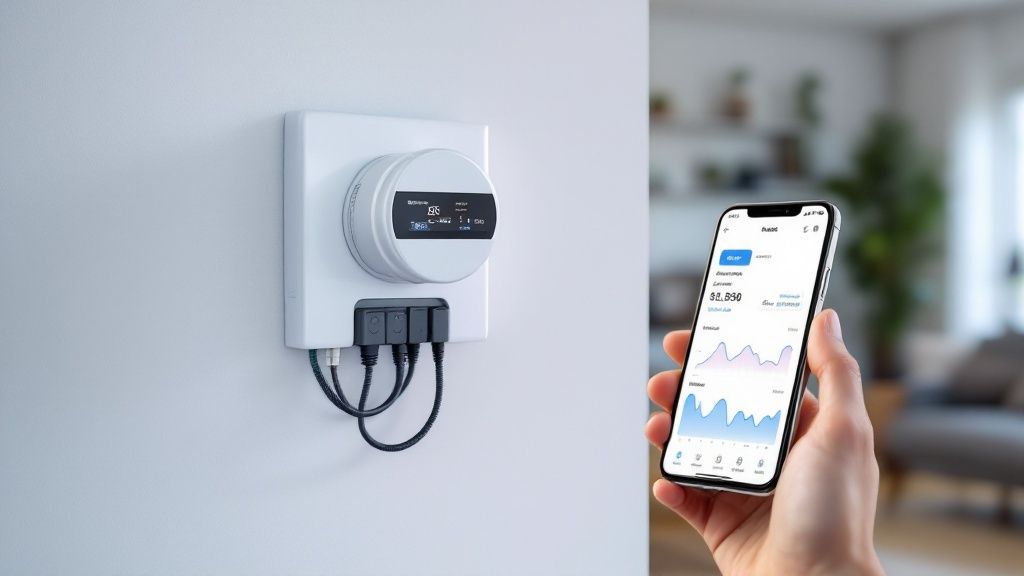 Home with solar panels and visible energy usage data