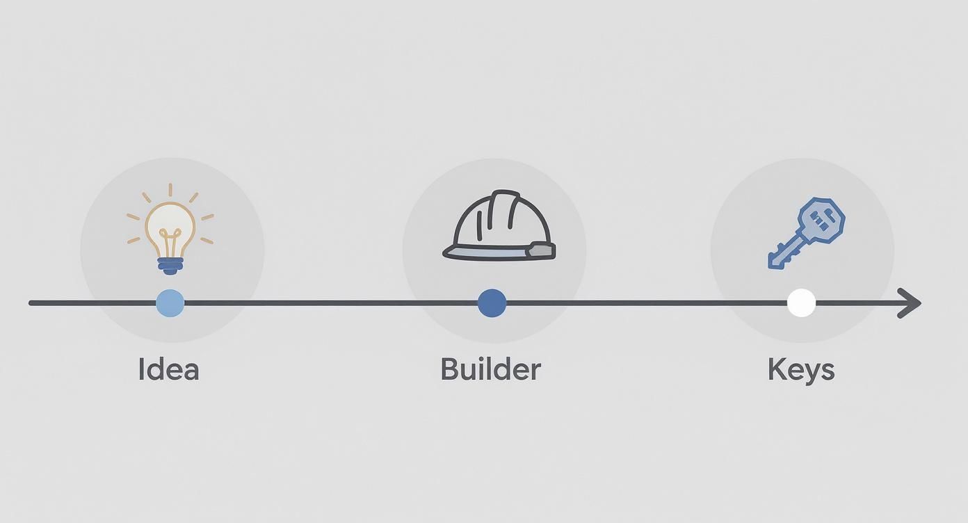 Three stage construction process diagram showing idea light bulb, builder hard hat, and keys icons with timeline arrow