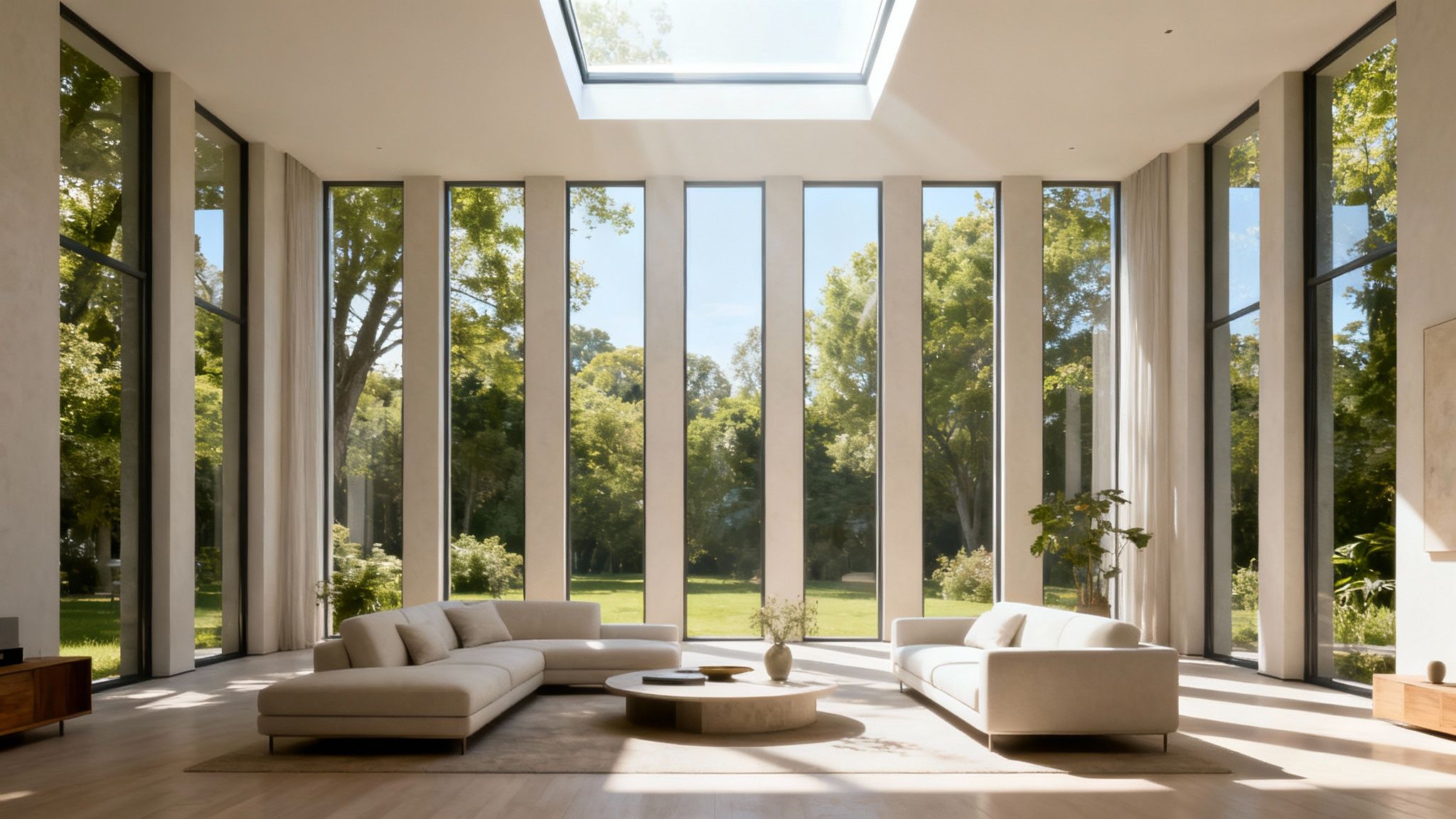 A modern living room with large windows and skylights, filled with natural light and plants