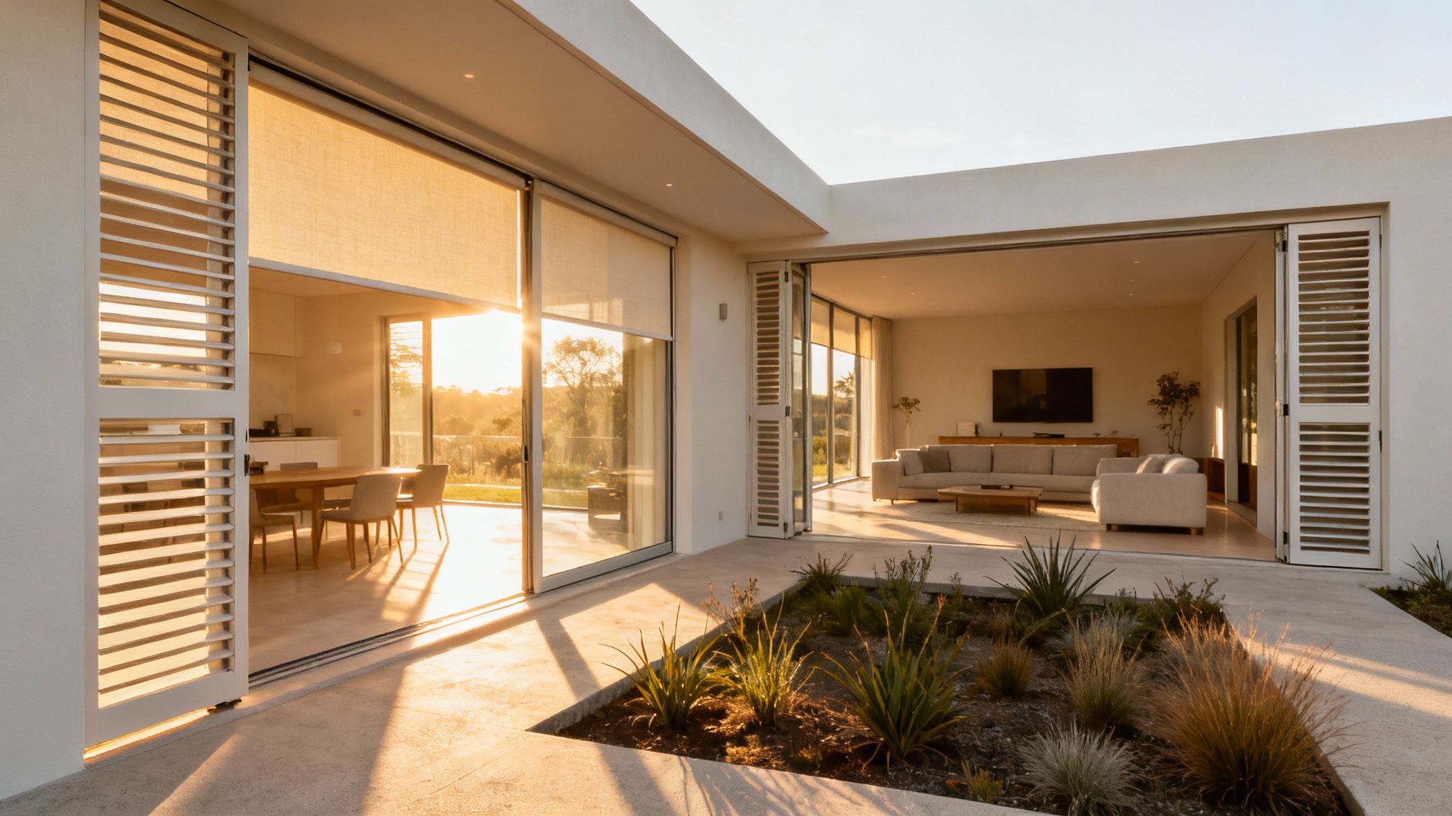 An environmentally friendly home with large windows facing the sun.
