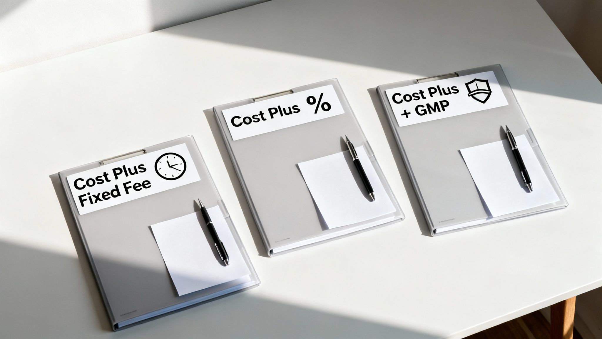 Three sets of architectural plans laid out with a scale ruler and calculator, representing different contract types.