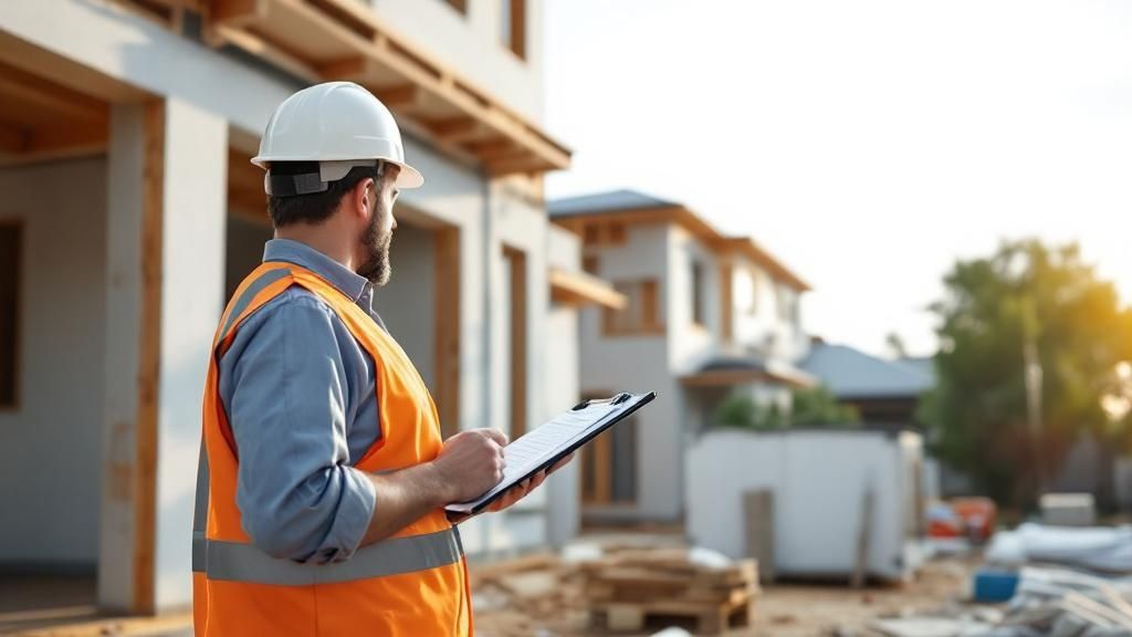 An inspector with a clipboard and hard hat examines the framing of a new house construction site.