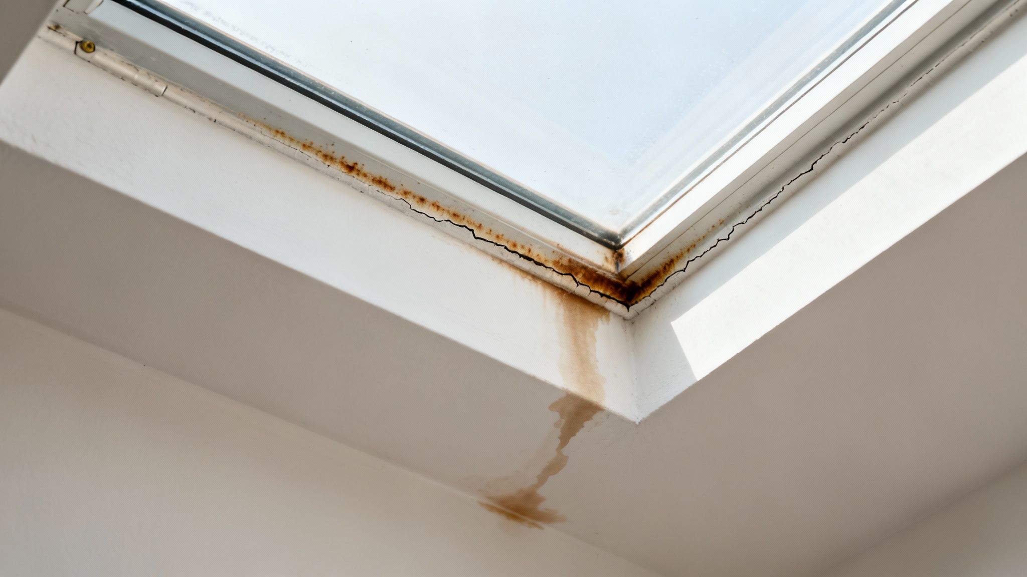 Water stains on a ceiling indicating a roof leak