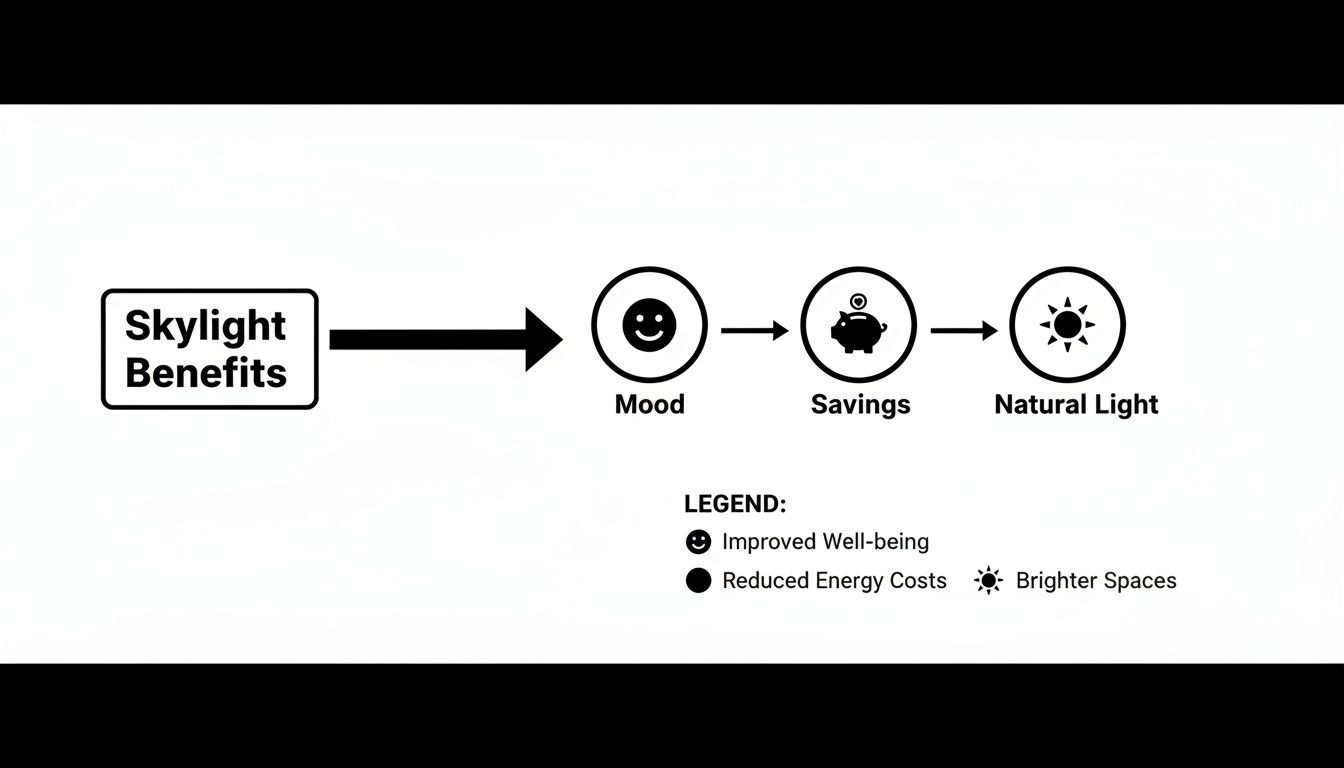 Diagram illustrating skylight benefits: improved well-being, reduced energy costs, and brighter spaces.