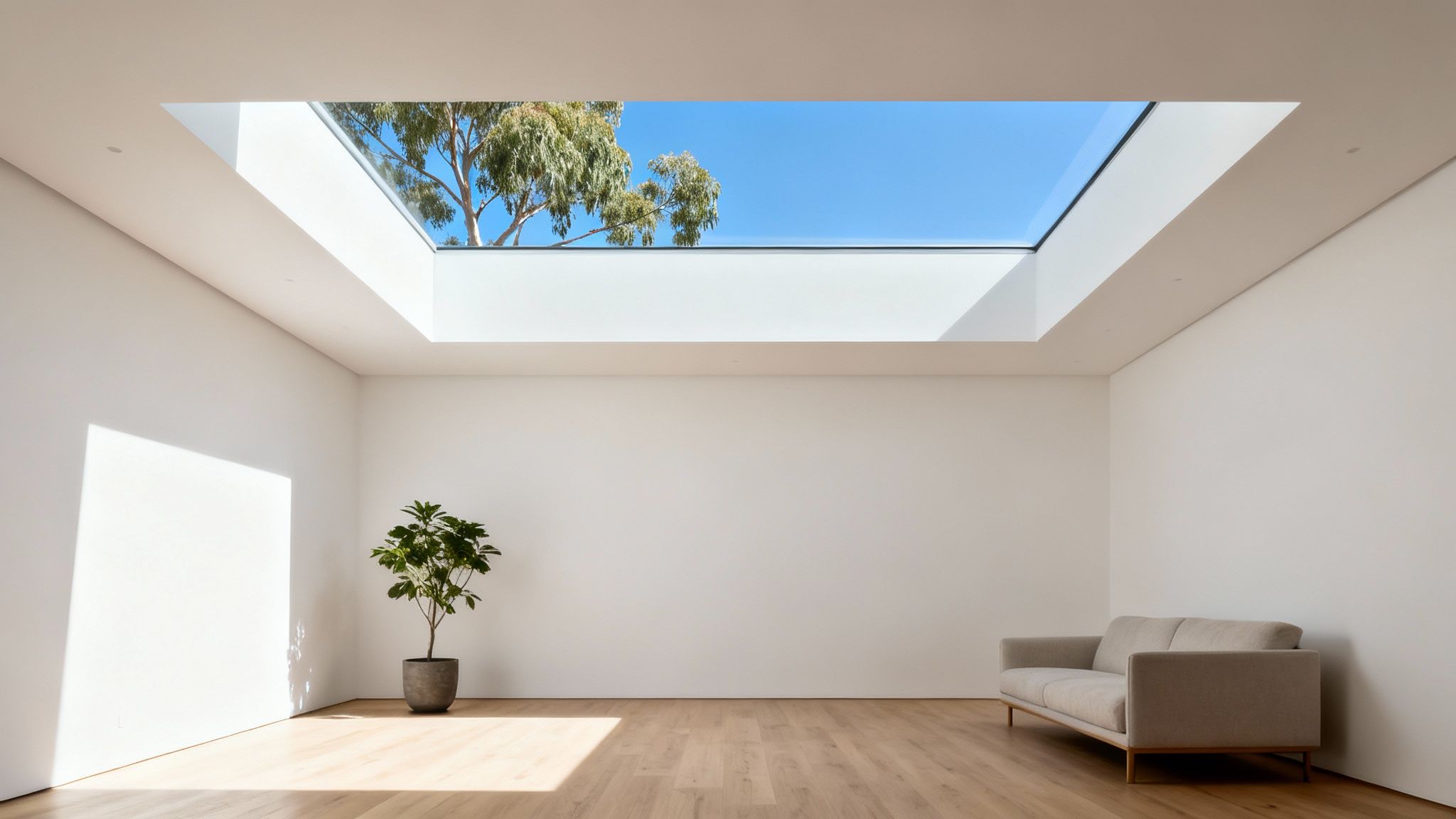 A bright, modern room featuring a large ceiling skylight, a potted plant, and a minimalist beige sofa.