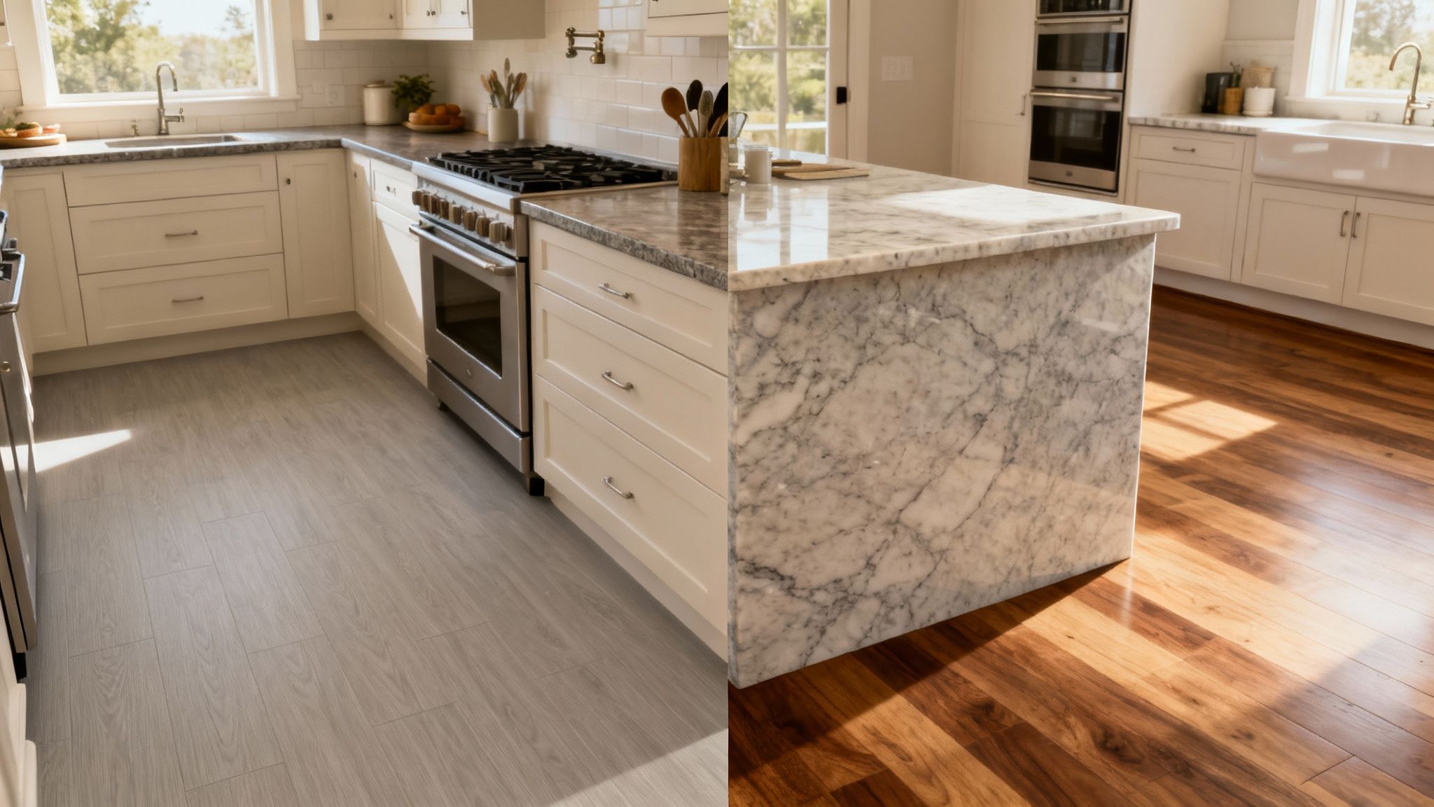 A modern kitchen with stone benchtops and high-end fixtures.
