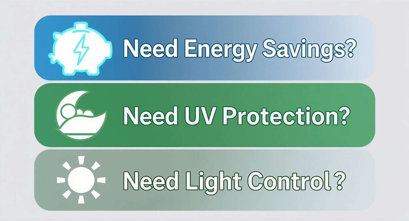 Infographic decision tree showing key benefits of skylight covers like energy savings, UV protection, and light control.
