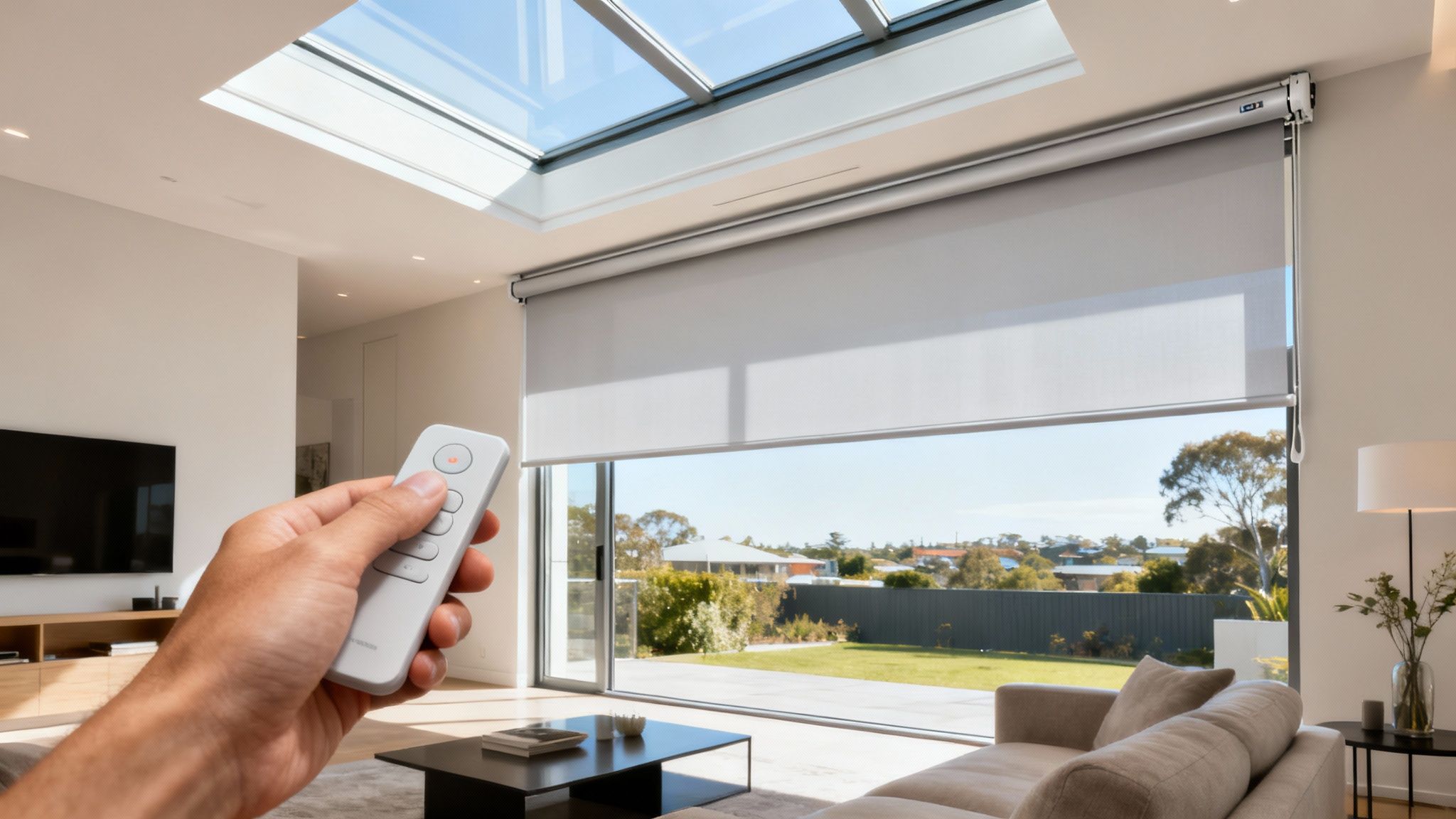 A modern living room with a large skylight fitted with motorized blinds, showing a clean, bright interior.