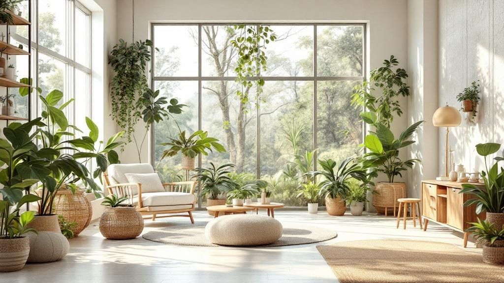 A modern living room featuring large windows, indoor plants, and natural wood finishes, embodying biophilic design principles.