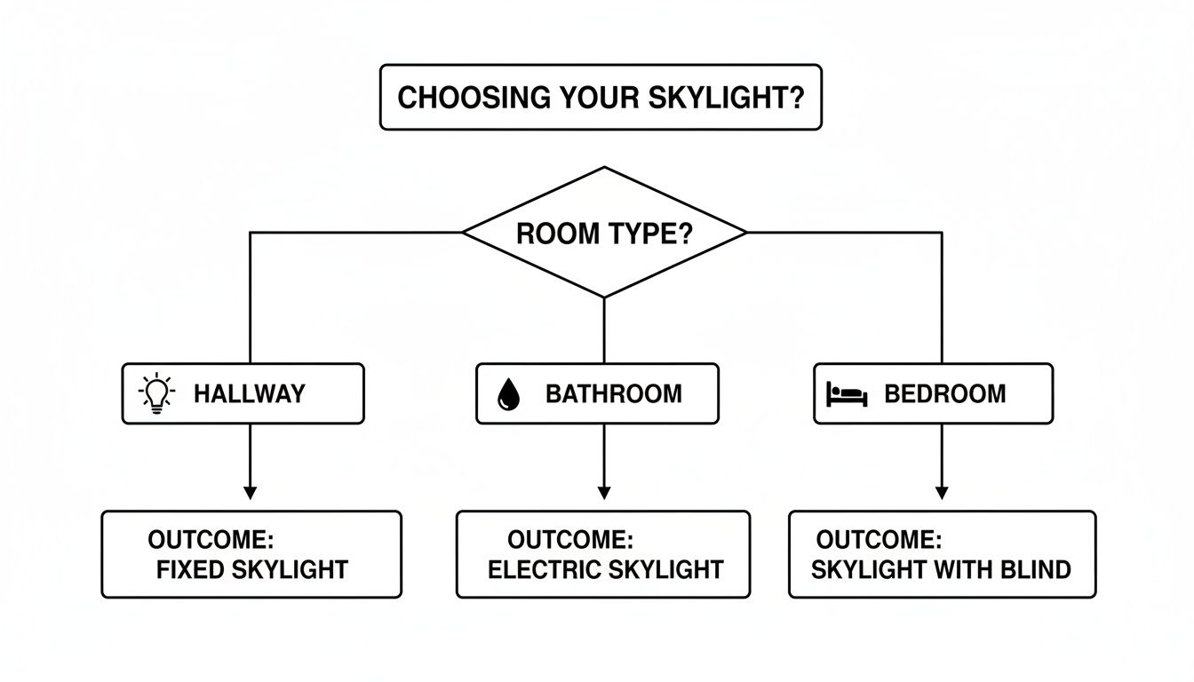 A flowchart guides choosing a skylight based on room type: hallway, bathroom, or bedroom.