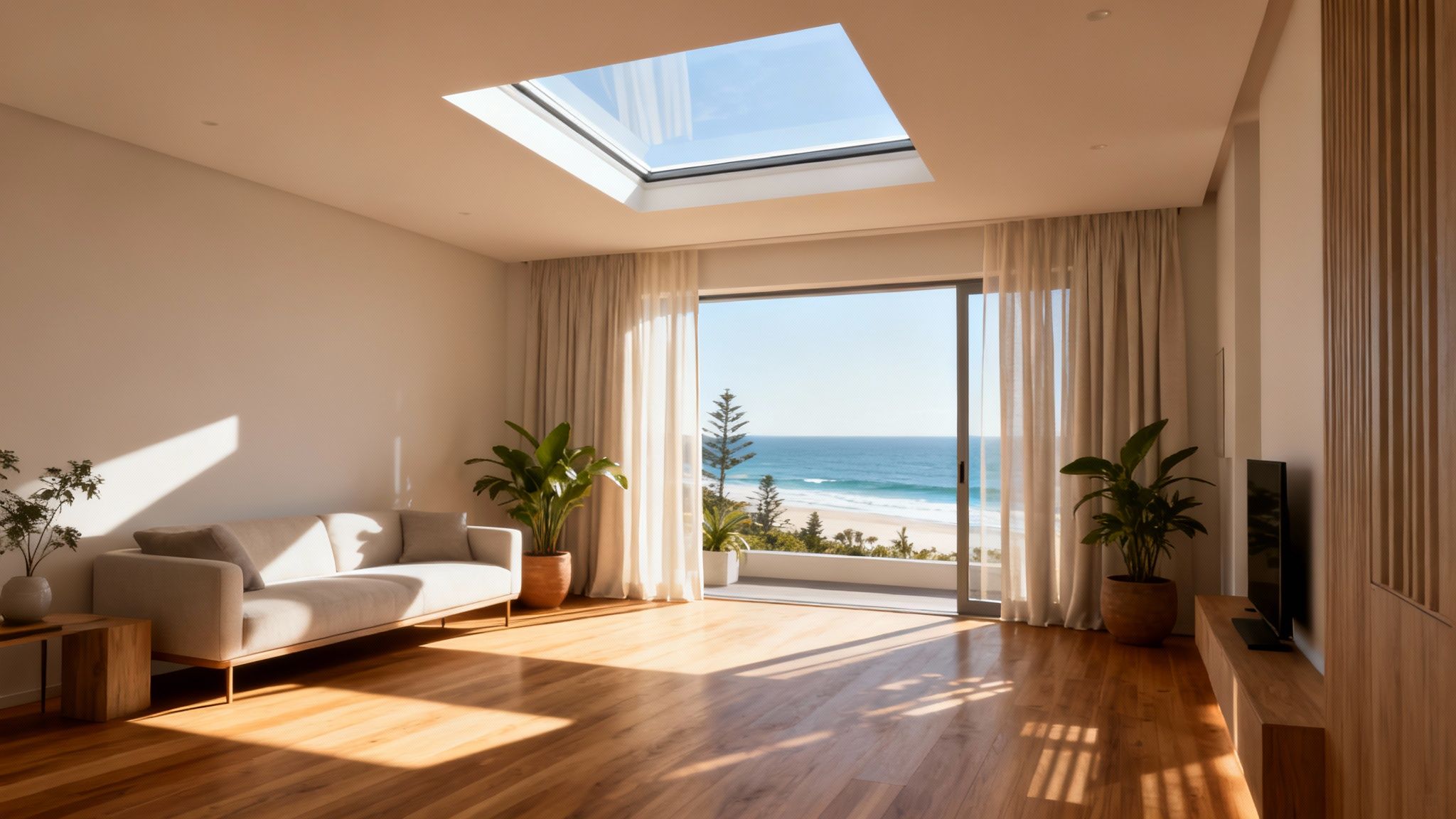 Bright, modern living room with a large skylight, ocean view, and light wooden floors.