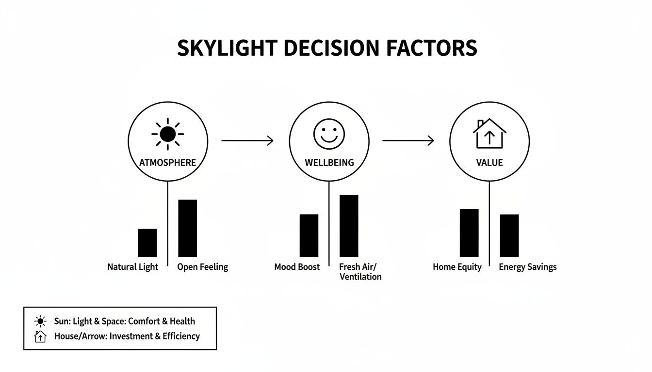 Flowchart illustrating skylight decision factors impacting atmosphere, wellbeing, home equity, and energy savings.
