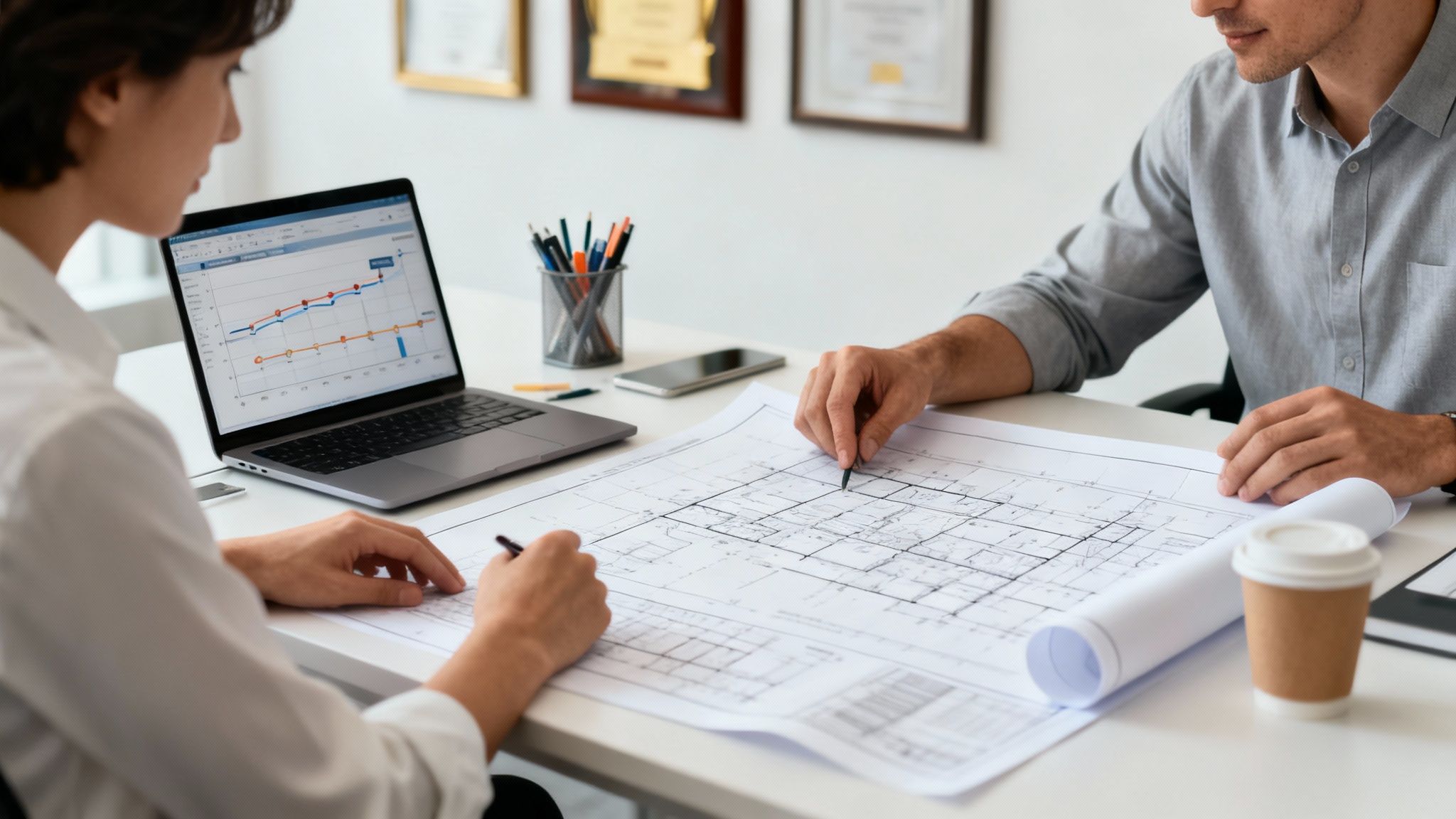 Two architects collaborate at a desk, reviewing a blueprint and a laptop with a graph.