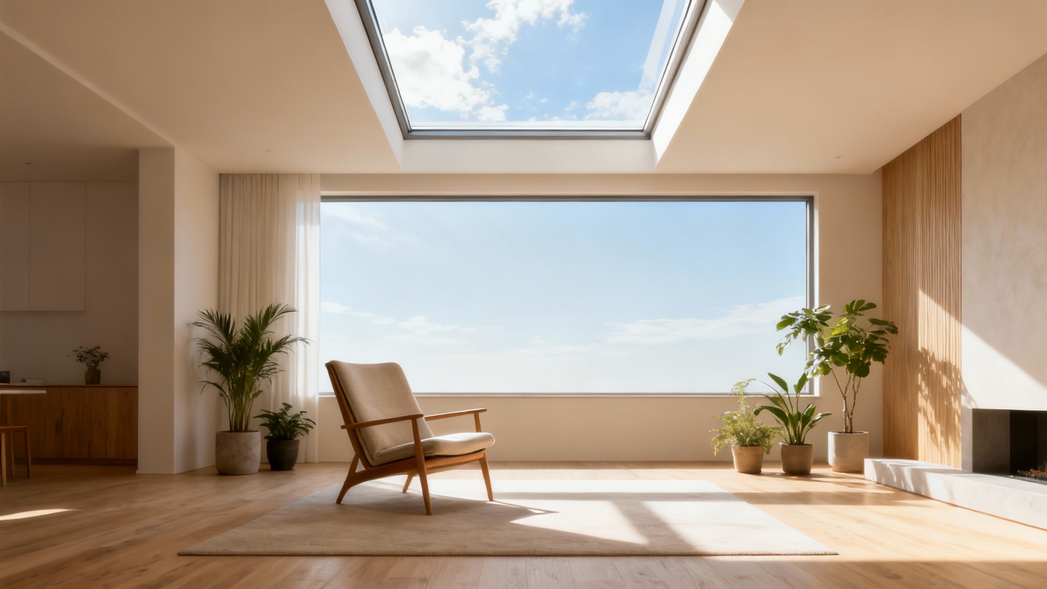 A bright, modern living room with a large window, a skylight, an armchair, and potted plants.