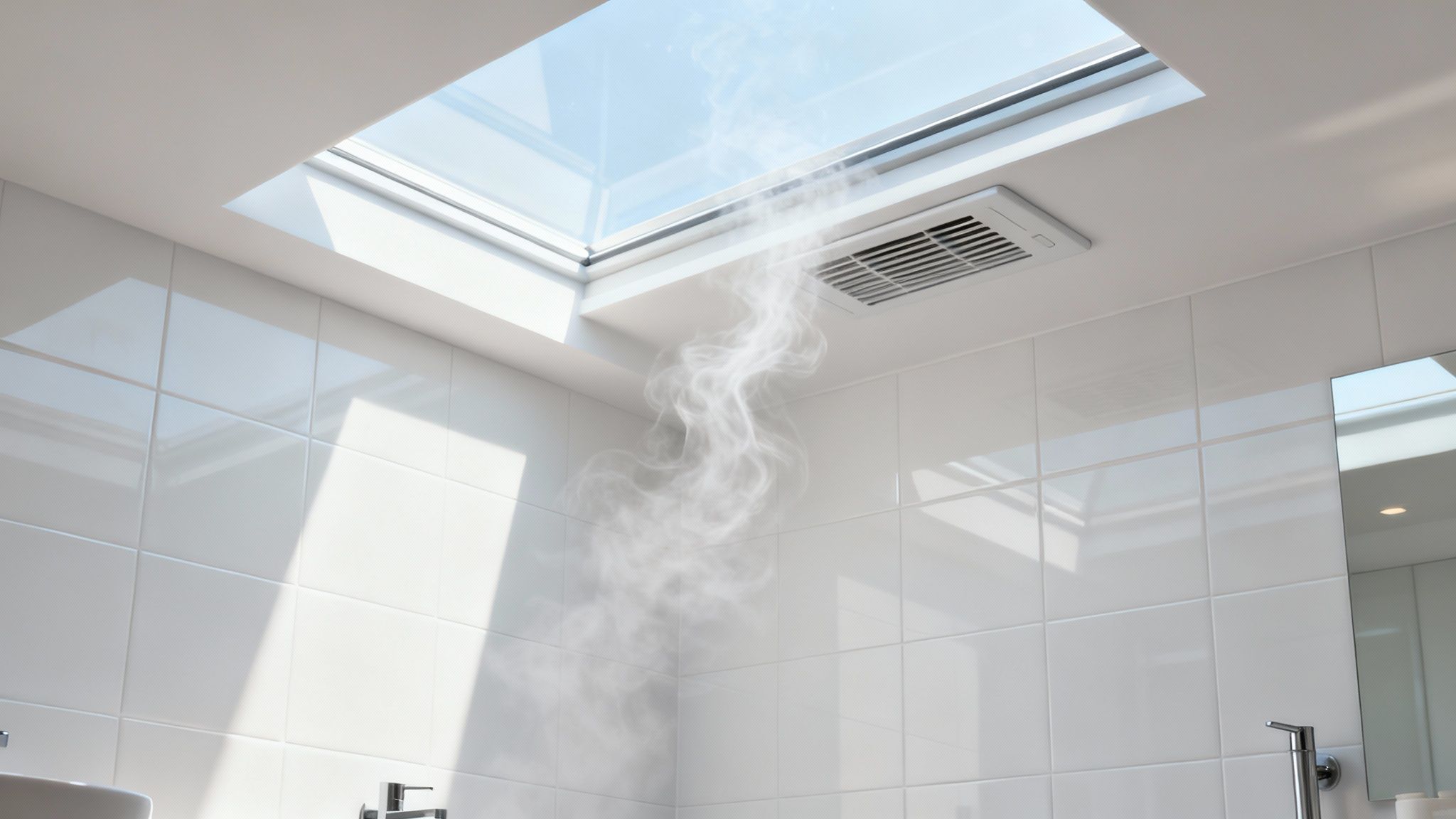 A bright, modern bathroom with a large skylight overhead, showcasing a clean ceiling and excellent natural light.