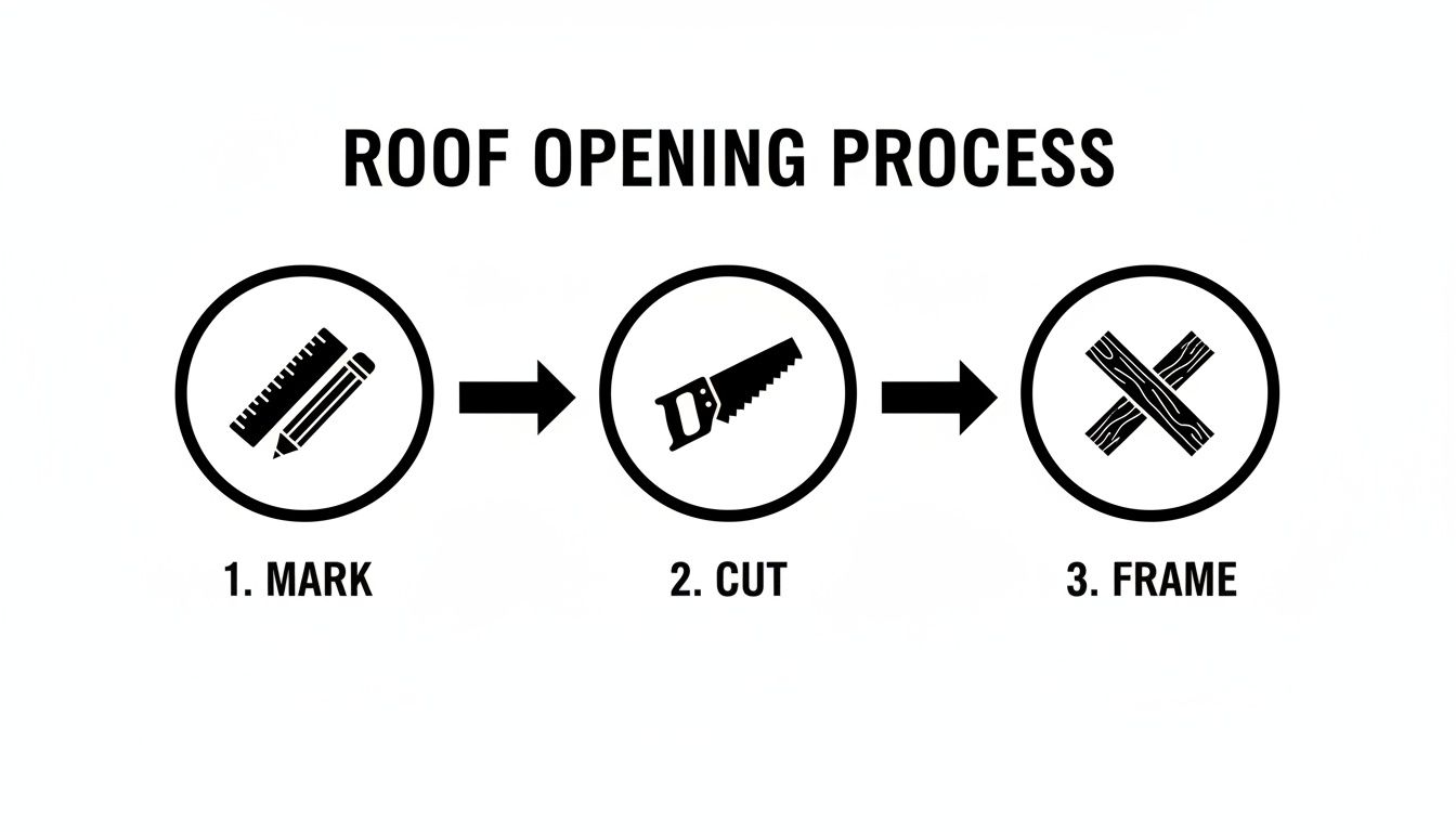 A three-step diagram illustrating the roof opening process: mark, cut, and frame, with corresponding icons.